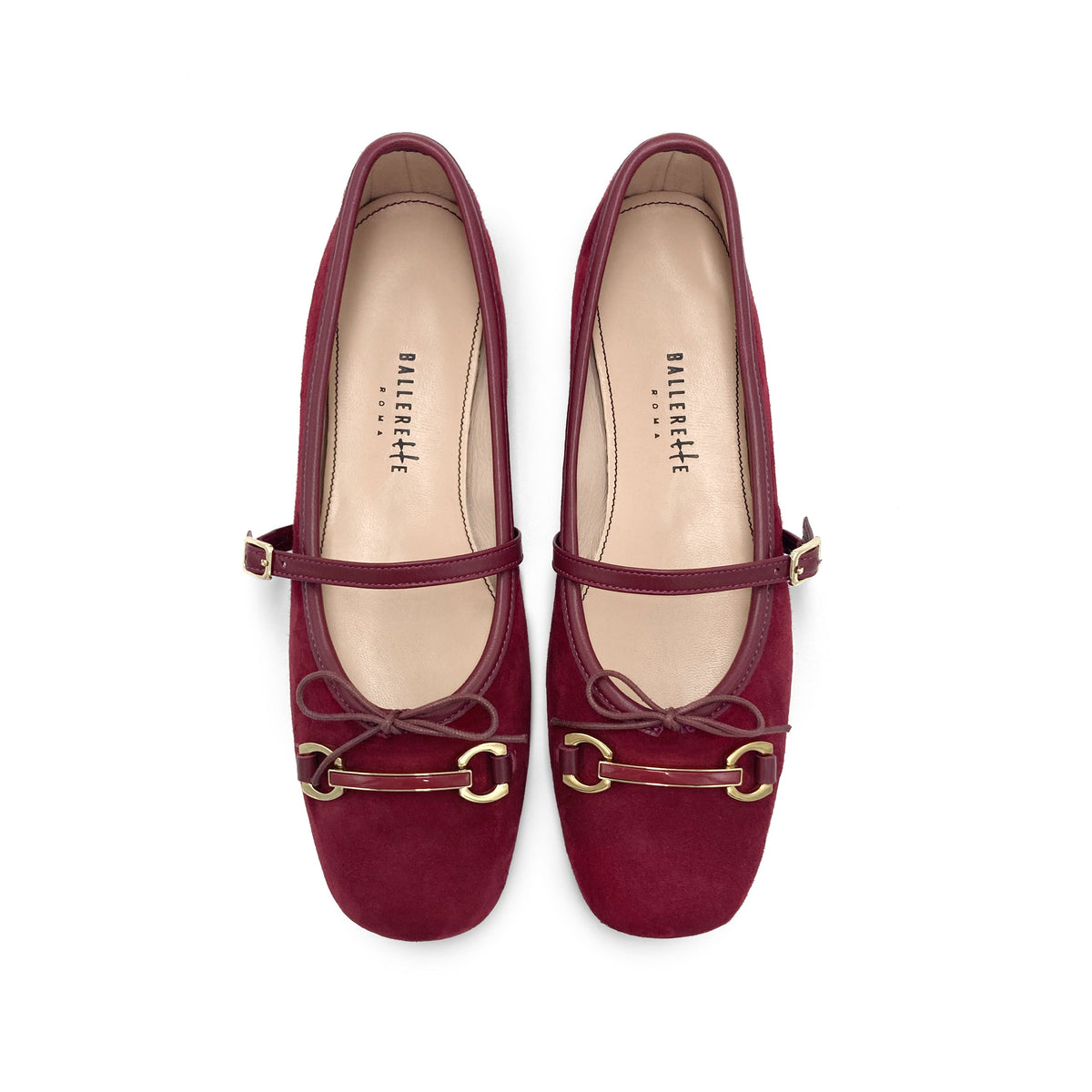 Bordeaux suede Mary Jane ballet flats with a metal clasp