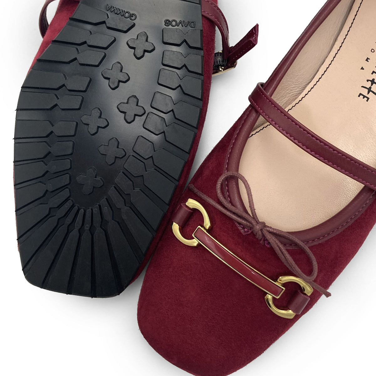 Bordeaux suede Mary Jane ballet flats with a metal clasp