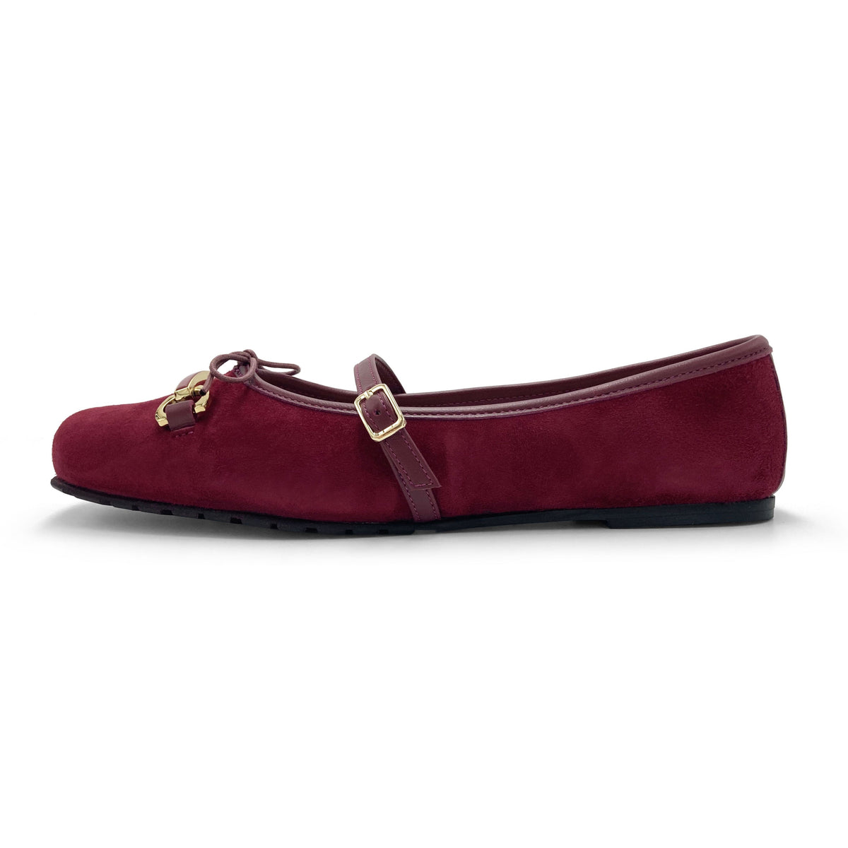 Bordeaux suede Mary Jane ballet flats with a metal clasp