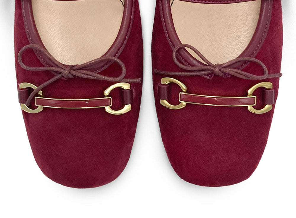 Bordeaux suede Mary Jane ballet flats with a metal clasp