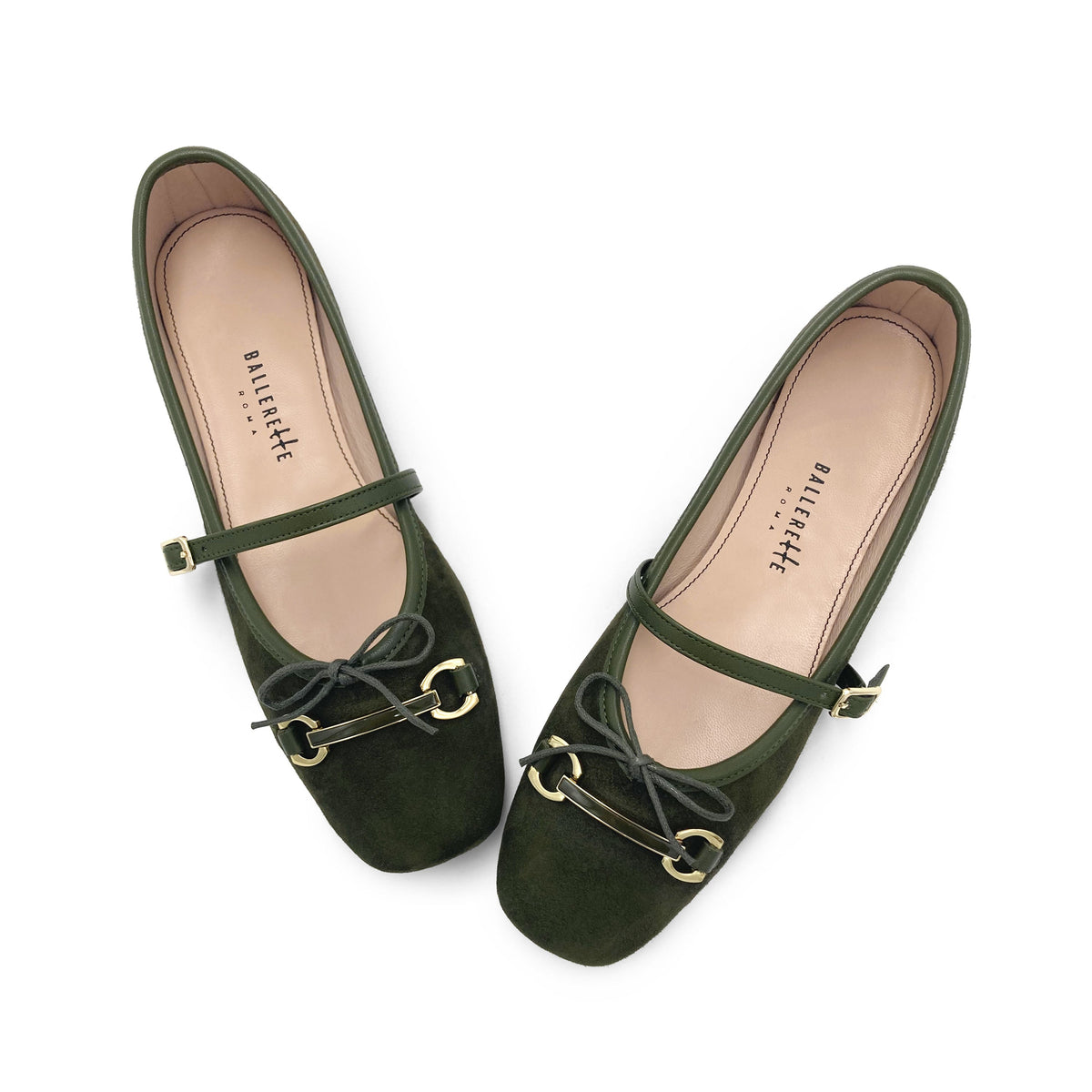 Green suede Mary Jane ballet flats with a metal clasp