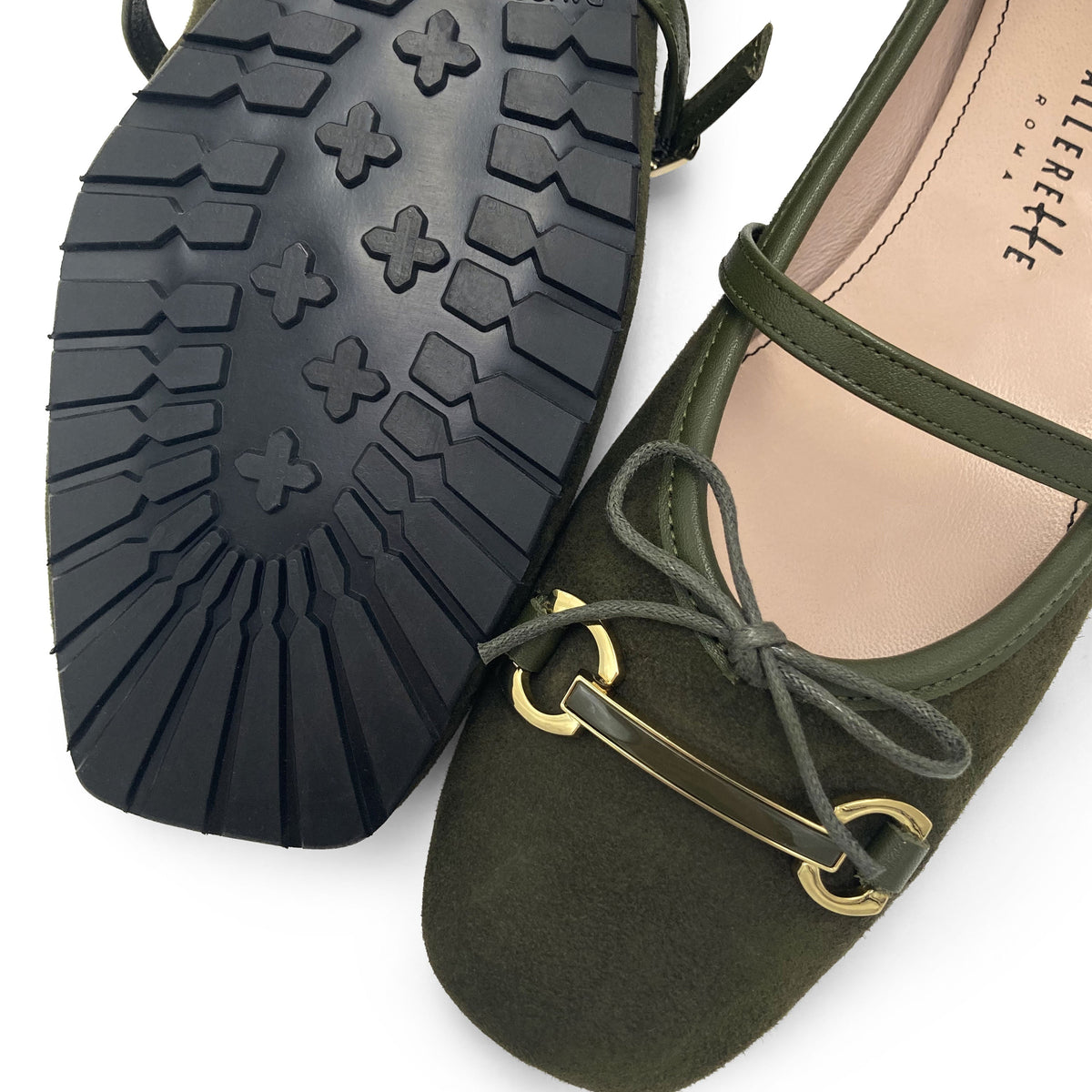 Green suede Mary Jane ballet flats with a metal clasp