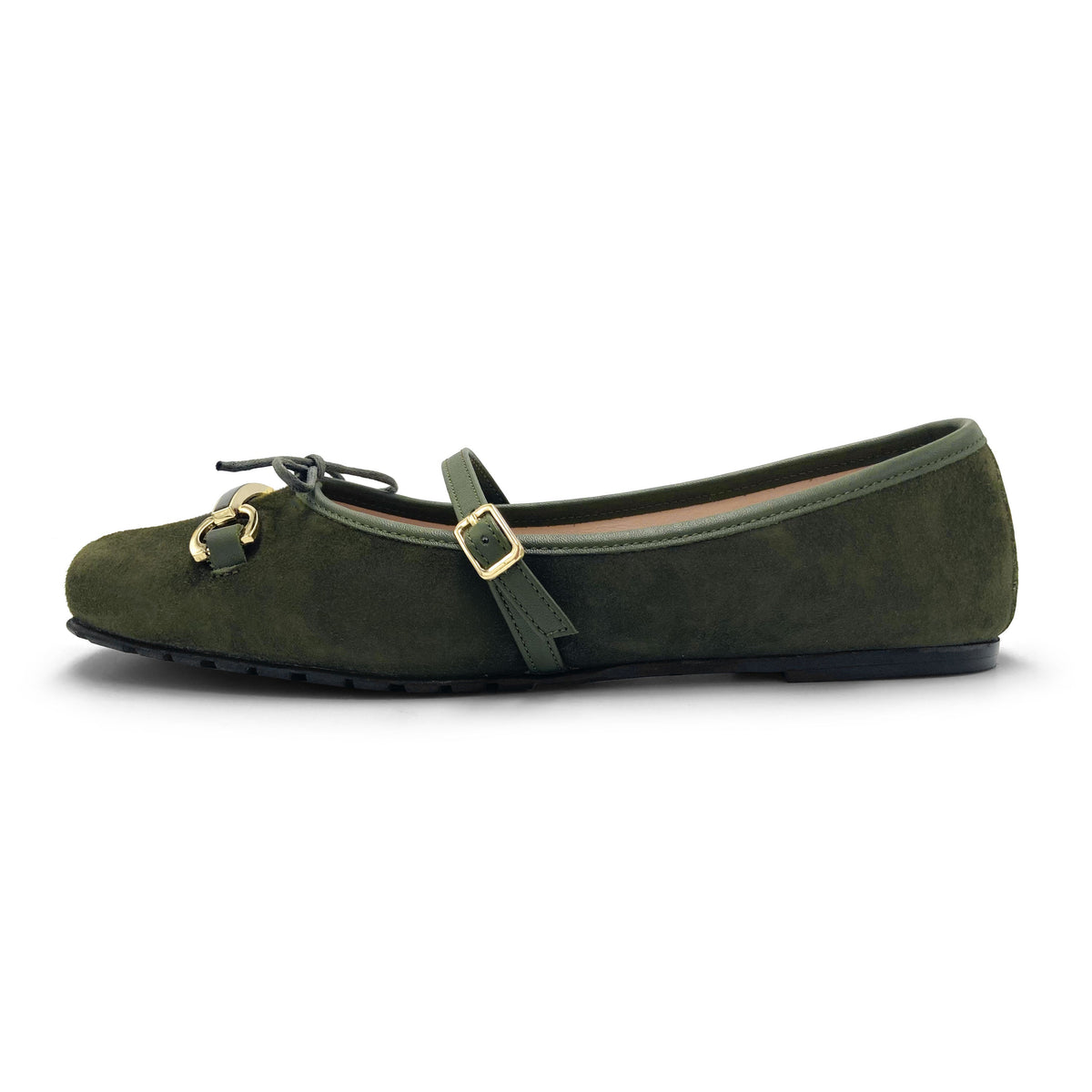 Green suede Mary Jane ballet flats with a metal clasp