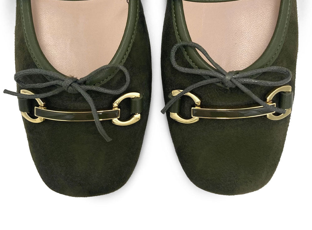 Green suede Mary Jane ballet flats with a metal clasp