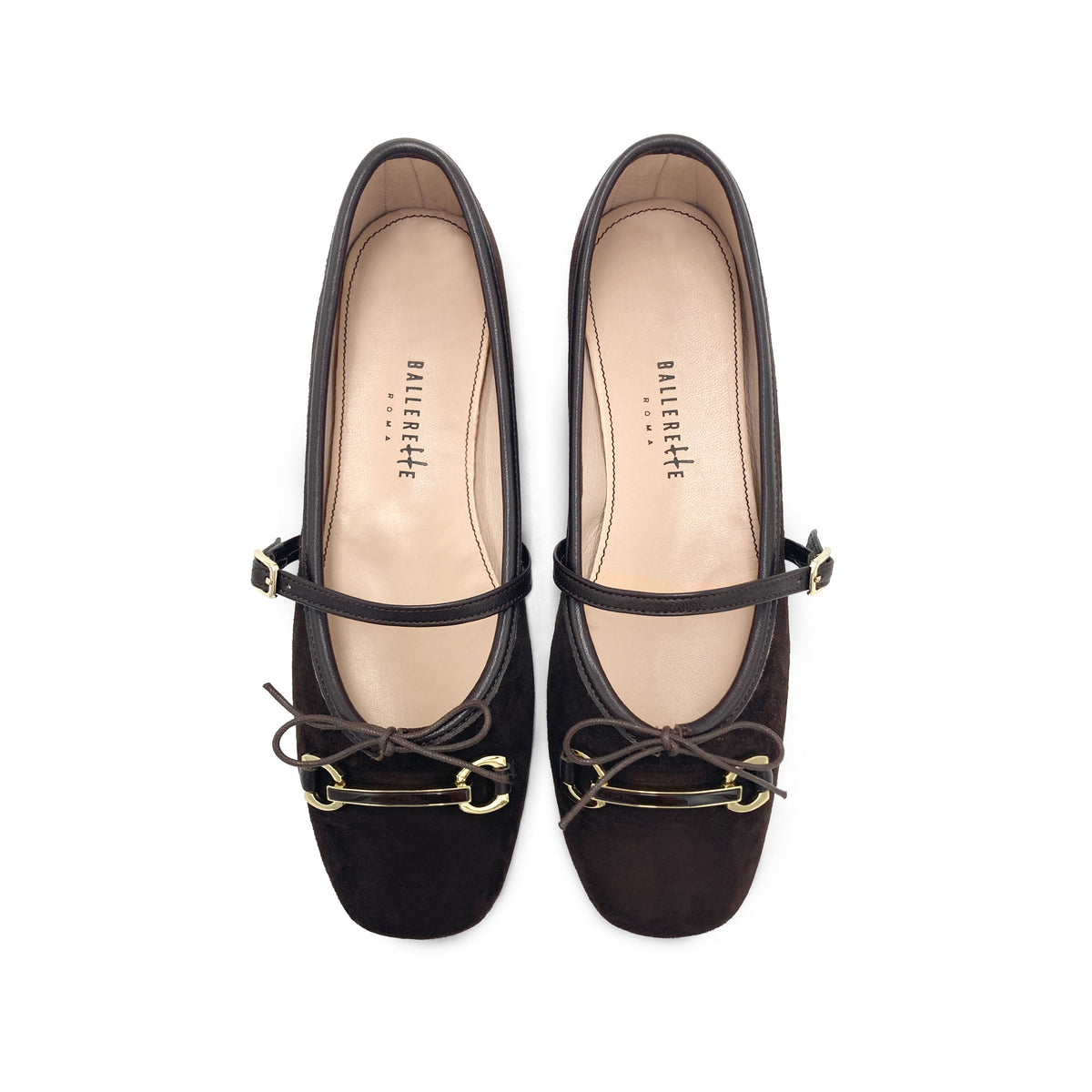 Brown suede Mary Jane ballet flats with a metal clasp