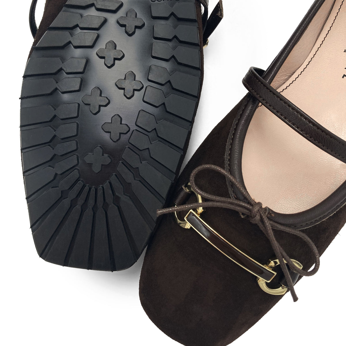 Brown suede Mary Jane ballet flats with a metal clasp