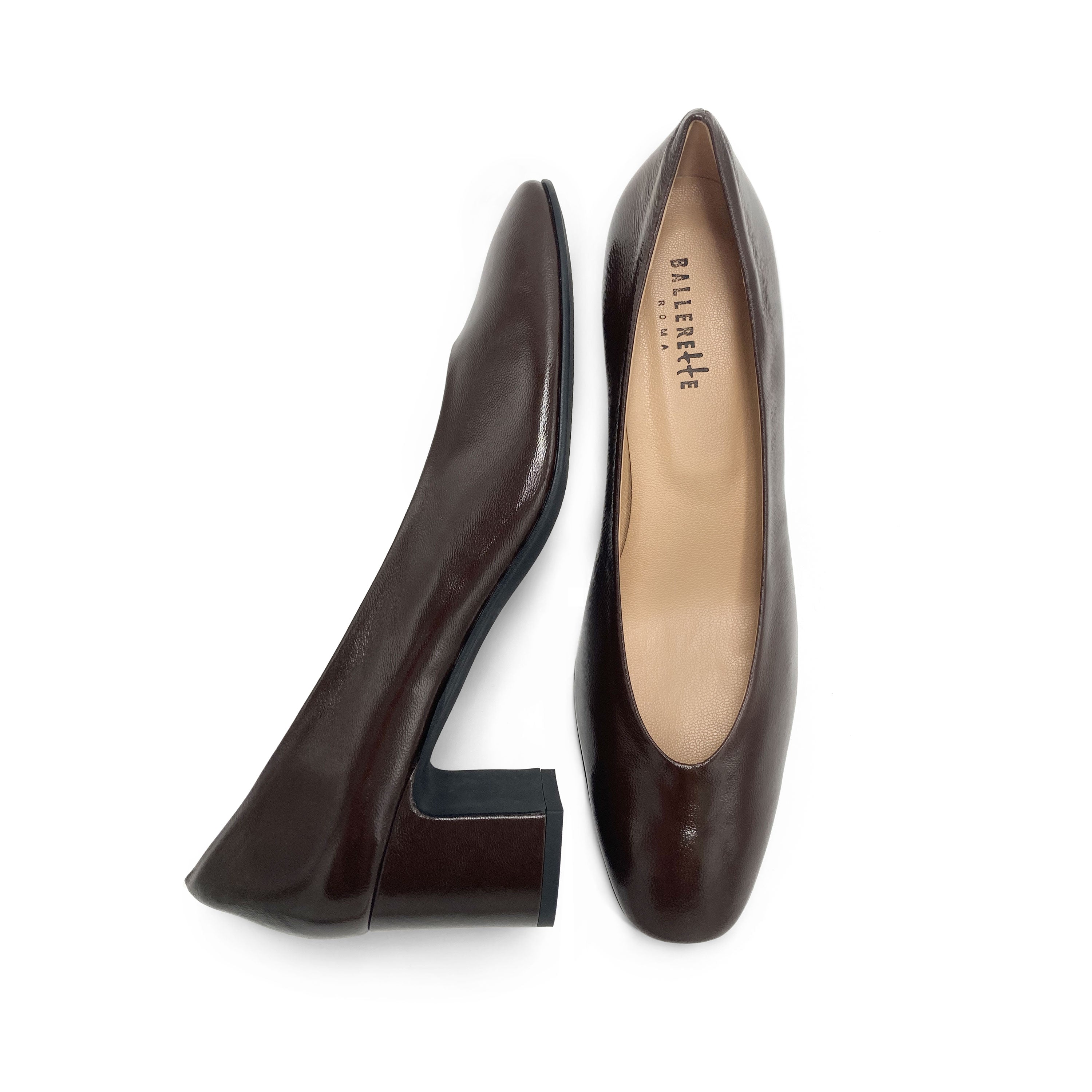 Brown patent leather ballet flats with square toe and comfortable high heel
