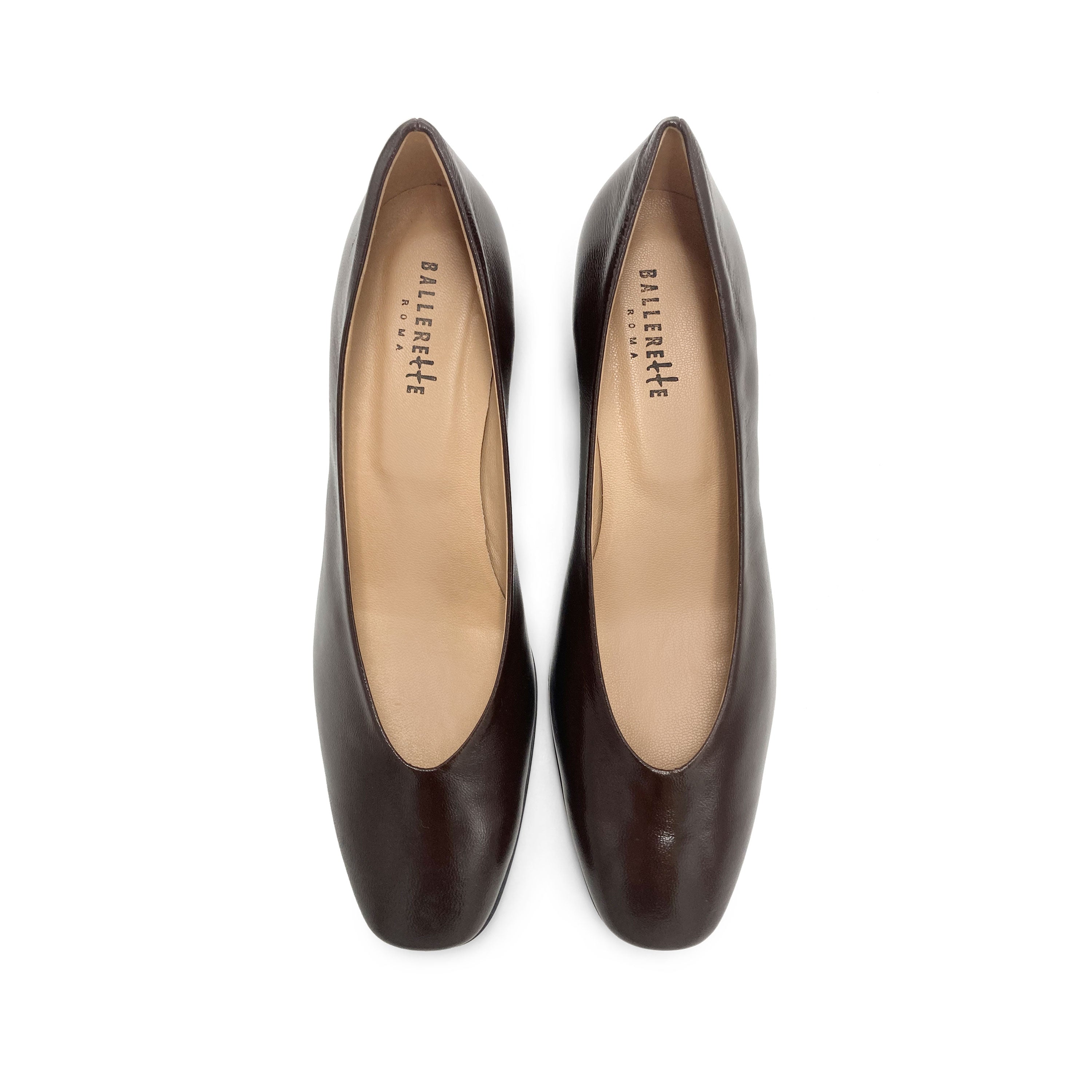 Brown patent leather ballet flats with square toe and comfortable high heel