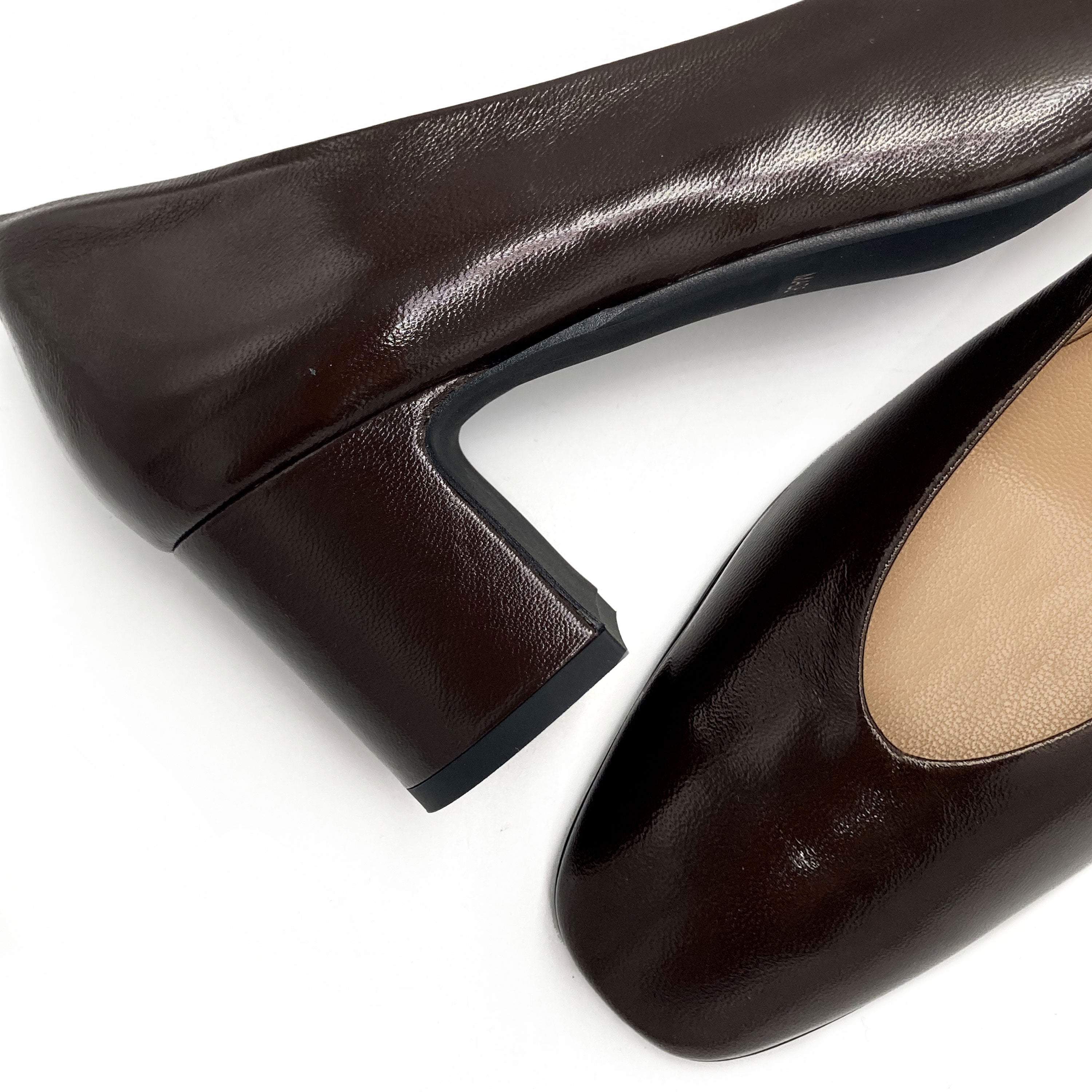 Brown patent leather ballet flats with square toe and comfortable high heel