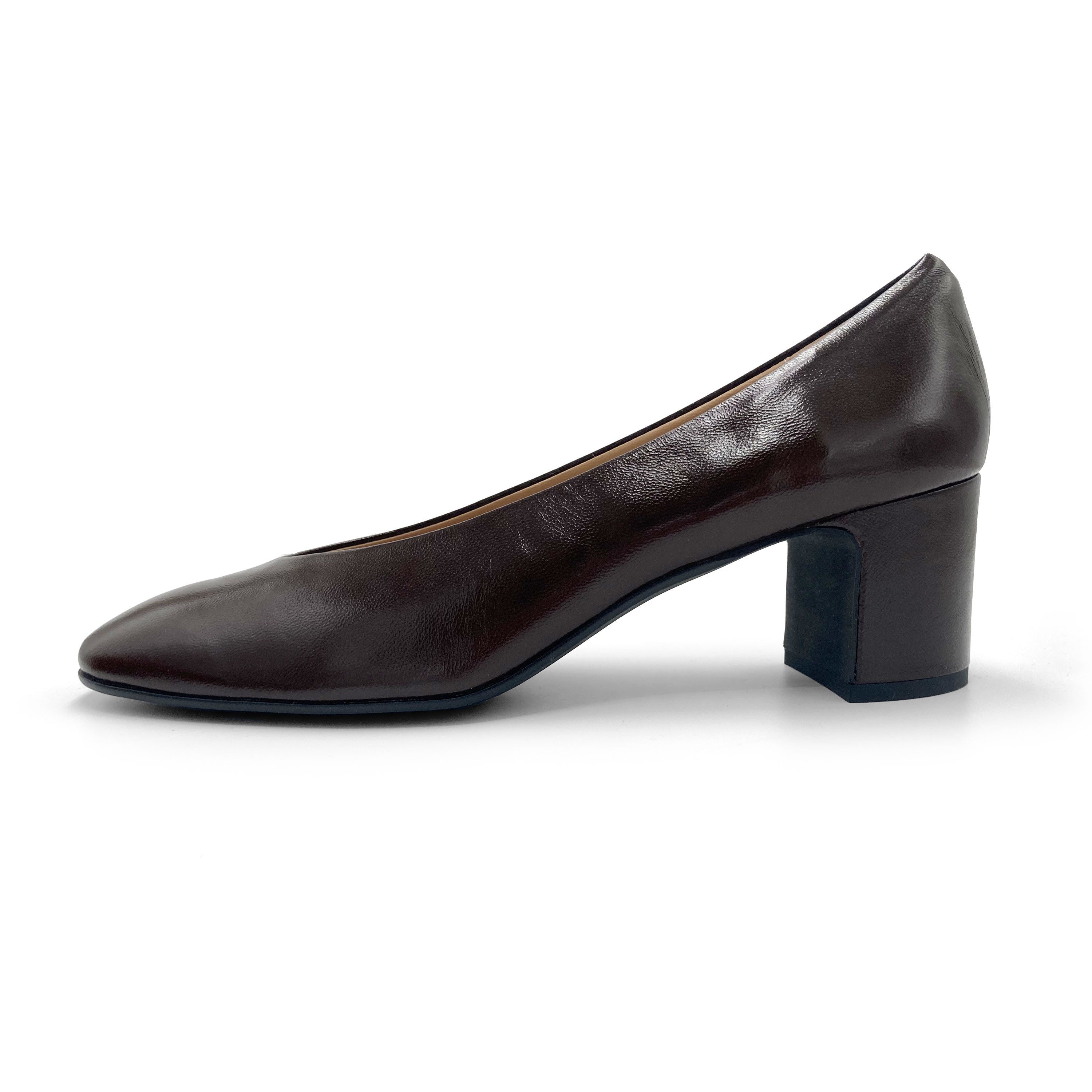 Brown patent leather ballet flats with square toe and comfortable high heel