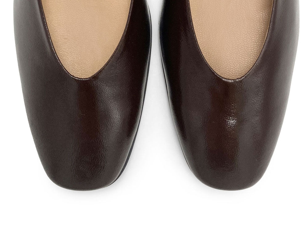 Brown patent leather ballet flats with square toe and comfortable high heel
