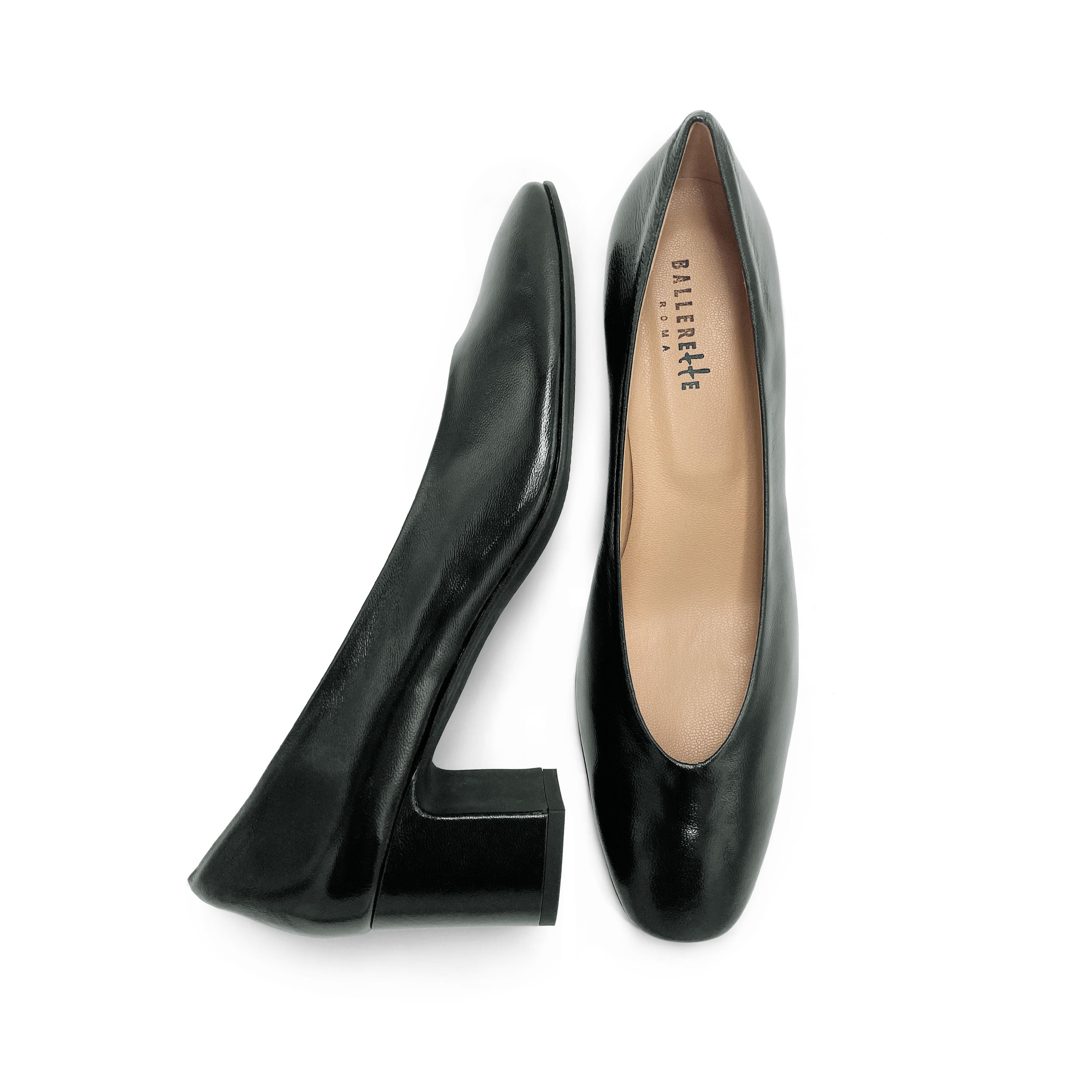 Black patent leather ballet flats with square toe and comfortable high heel