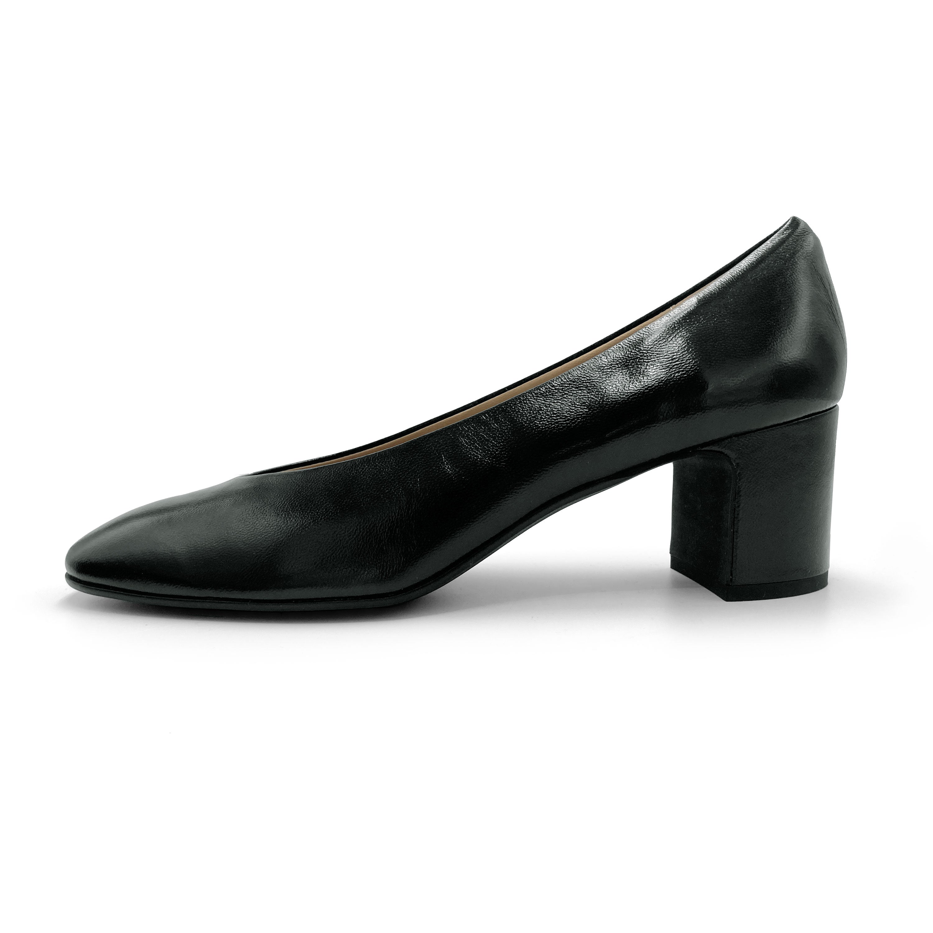 Black patent leather ballet flats with square toe and comfortable high heel