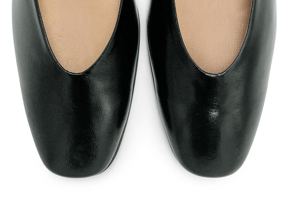 Black patent leather ballet flats with square toe and comfortable high heel