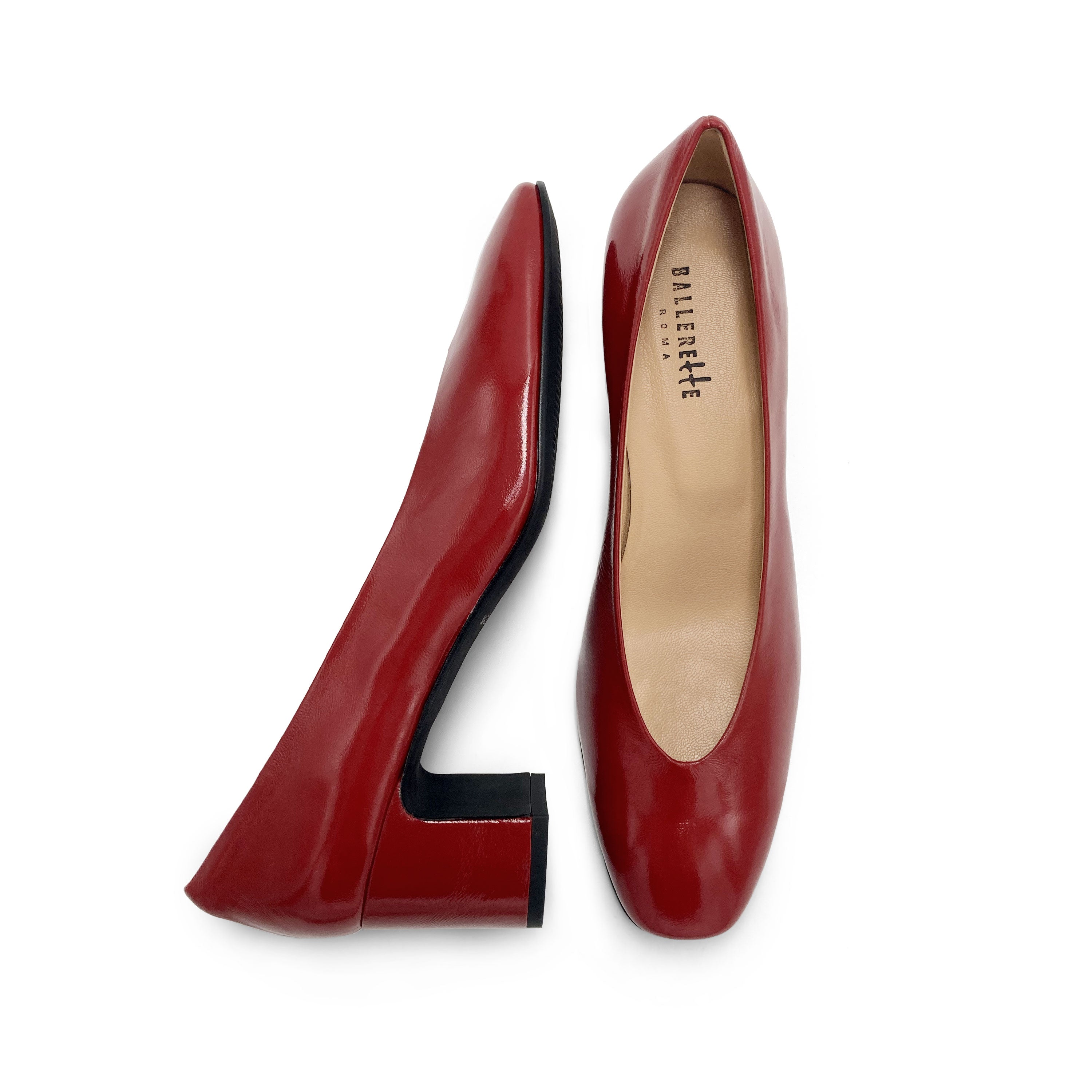 Red patent leather ballet flats with square toe and comfortable high heel