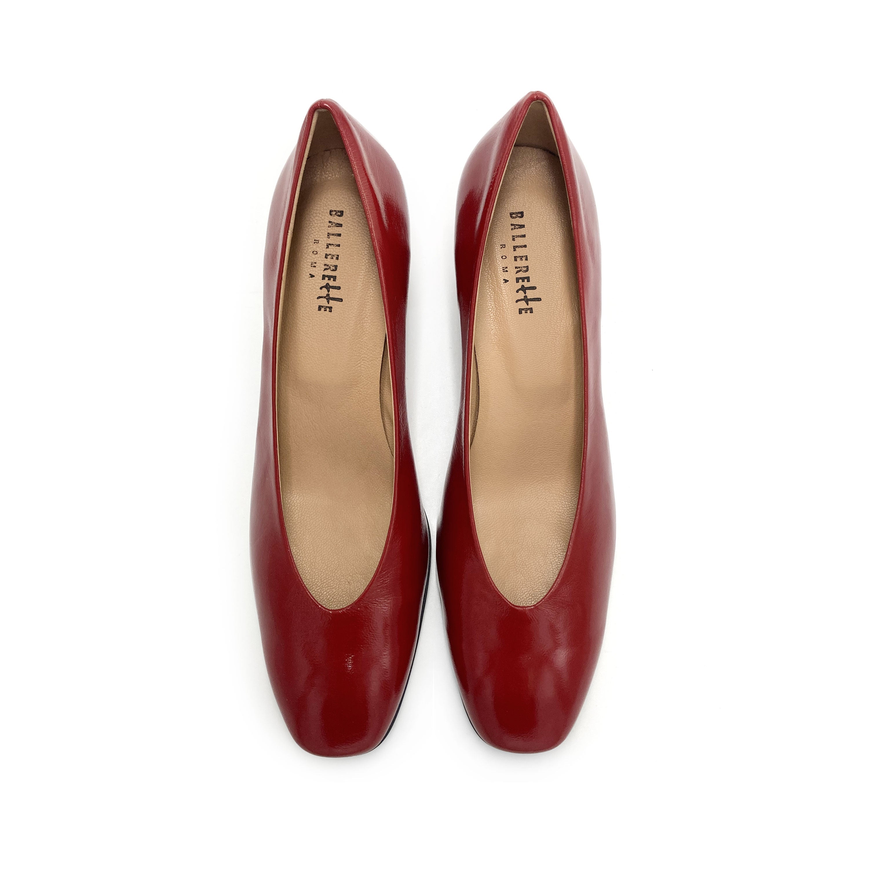 Red patent leather ballet flats with square toe and comfortable high heel