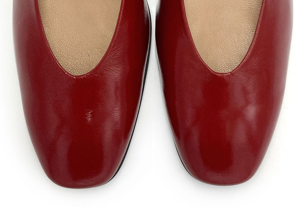 Red patent leather ballet flats with square toe and comfortable high heel