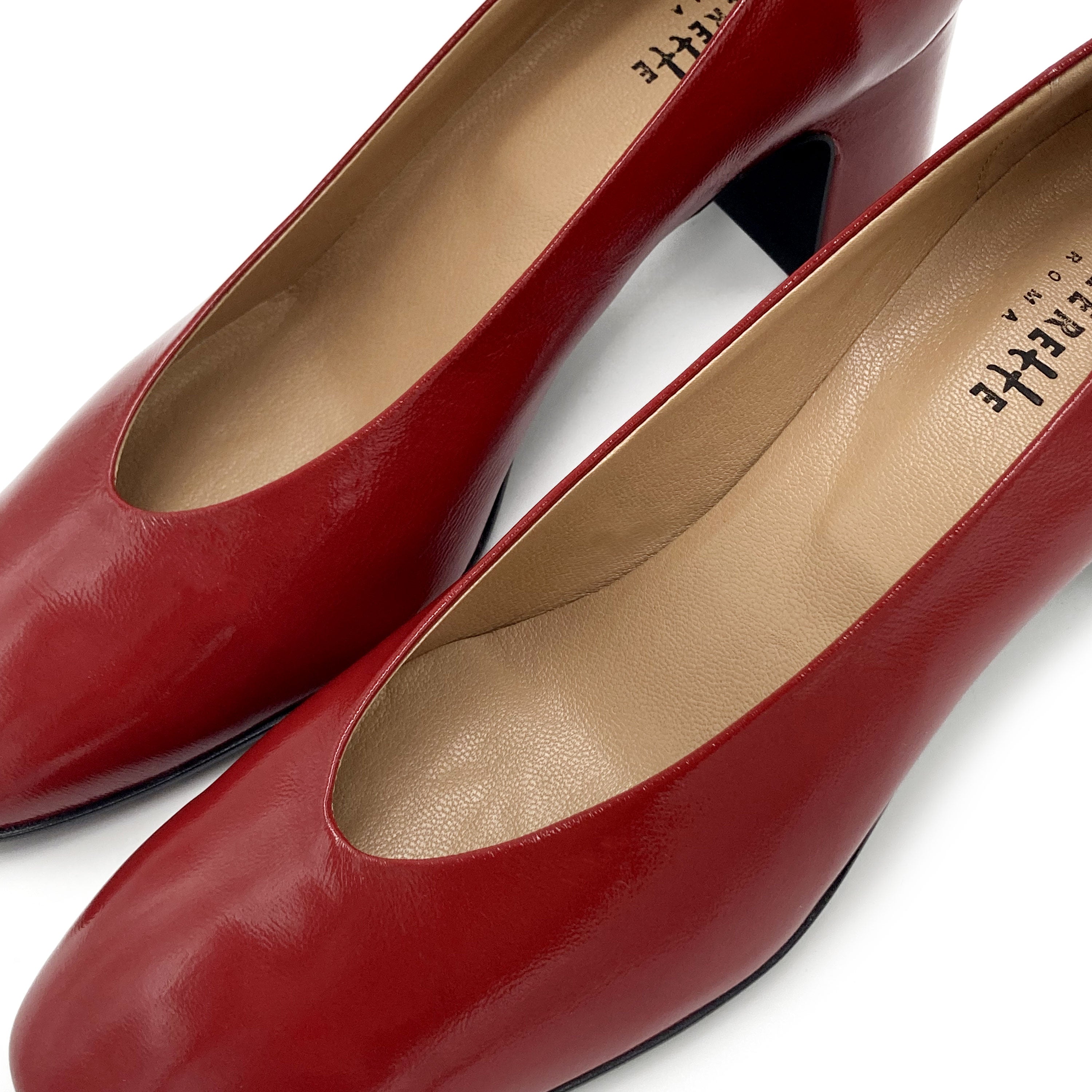 Red patent leather ballet flats with square toe and comfortable high heel