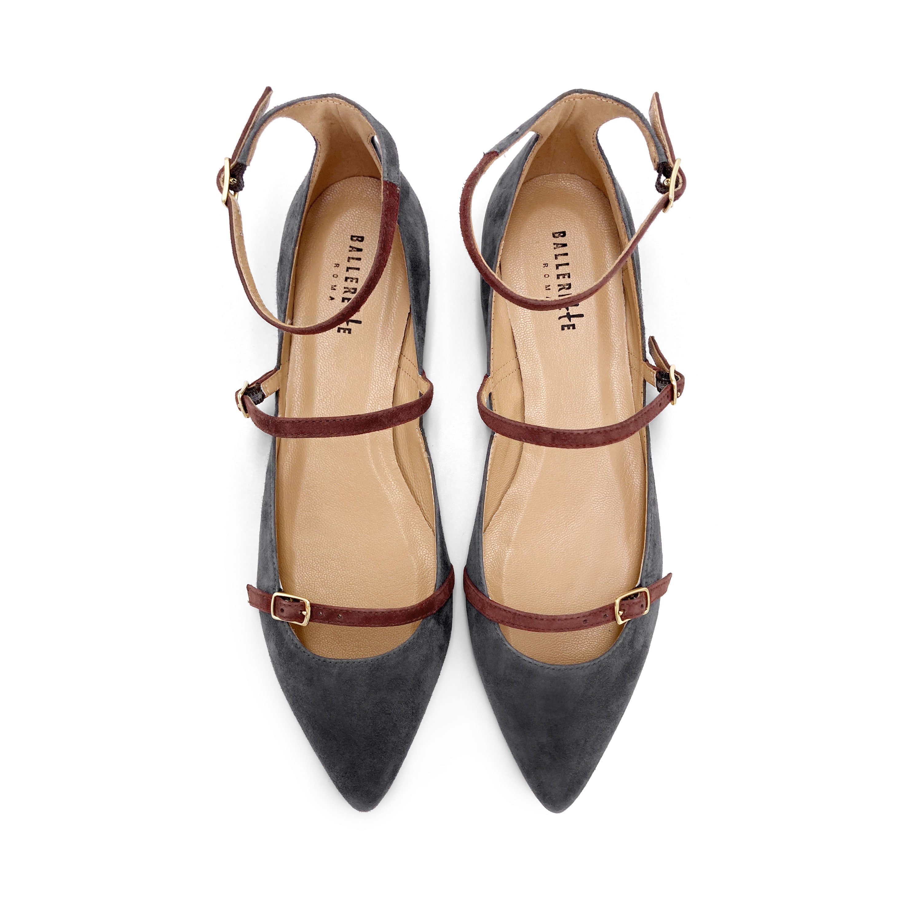 Gray suede pointed ballet flats with chestnut straps