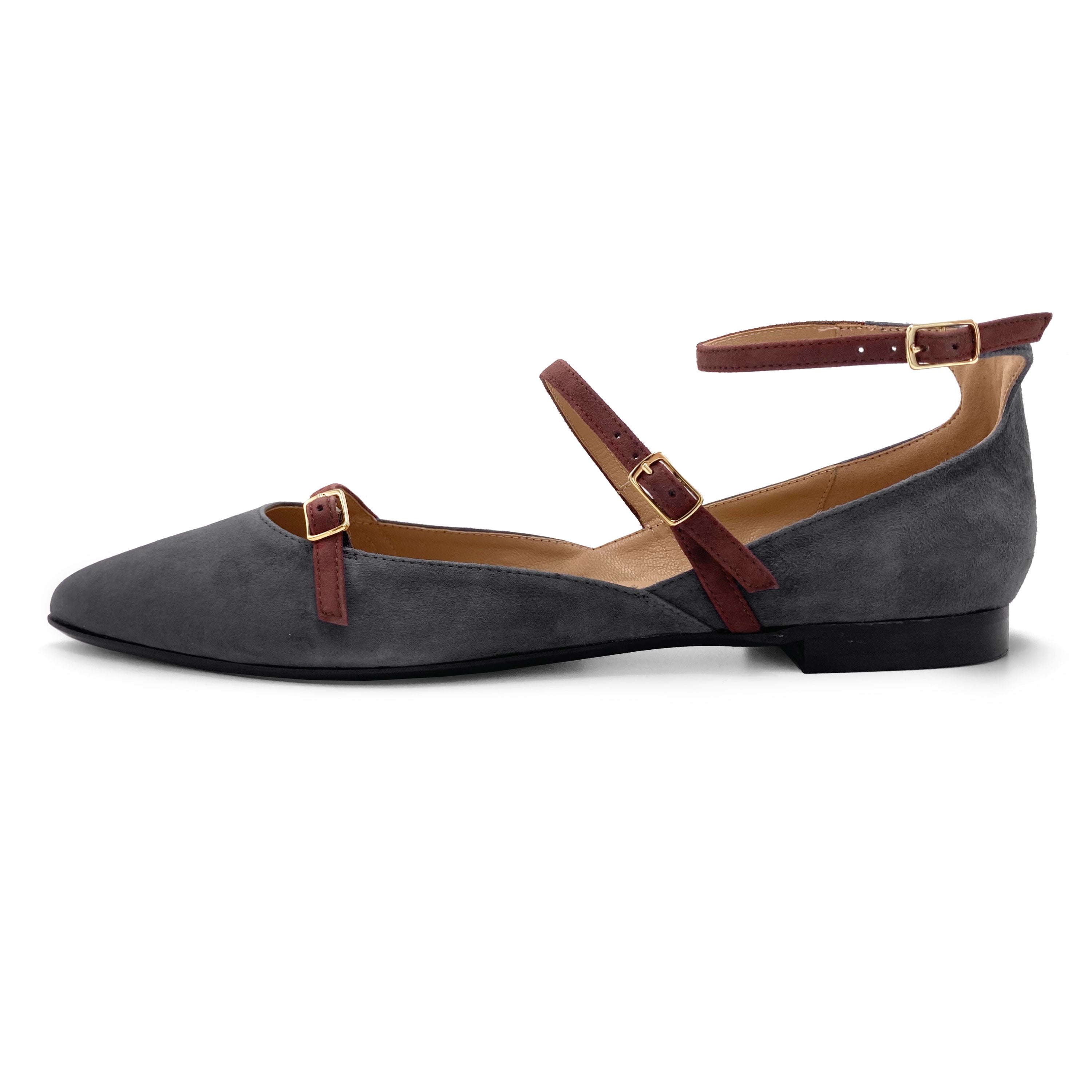 Gray suede pointed ballet flats with chestnut straps