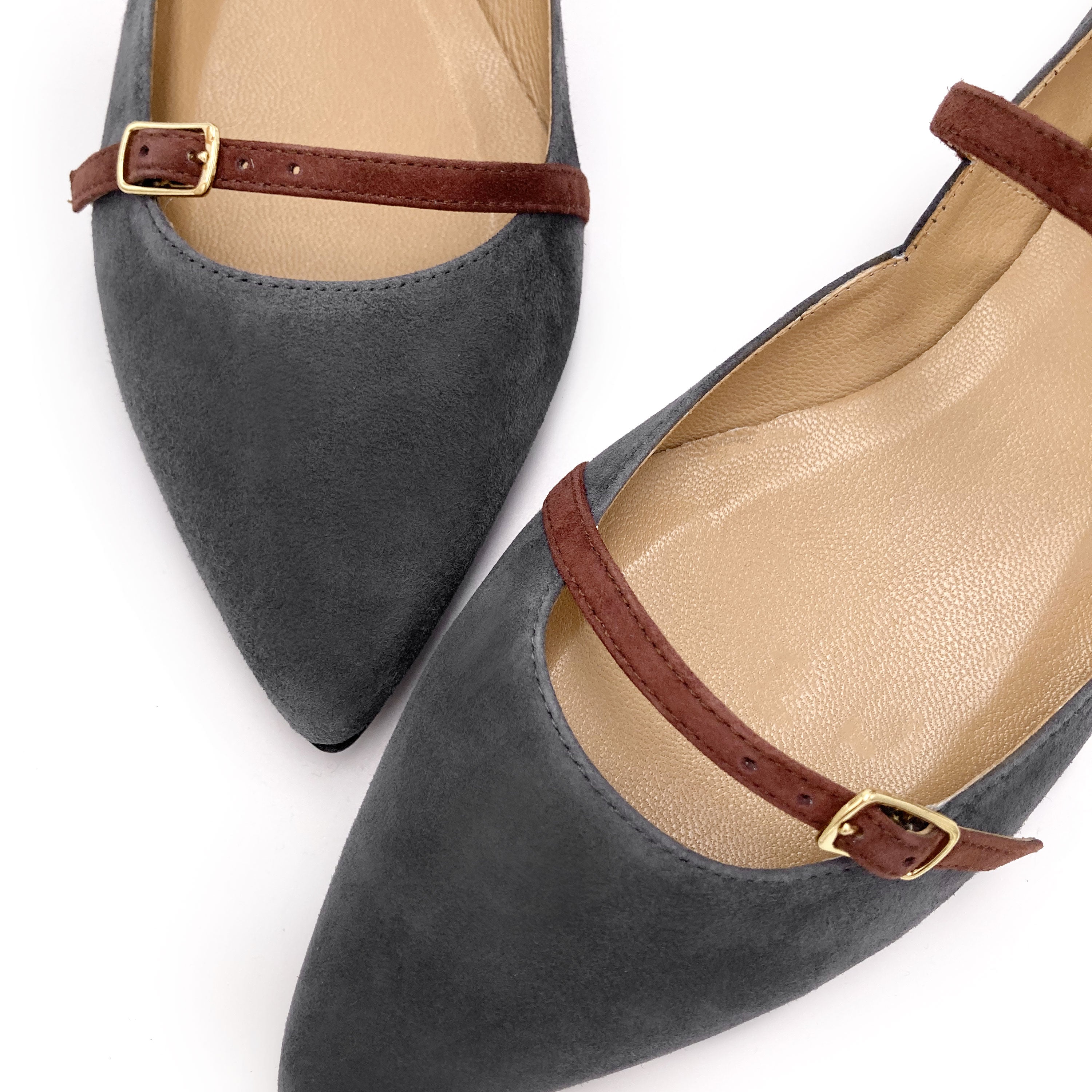 Gray suede pointed ballet flats with chestnut straps