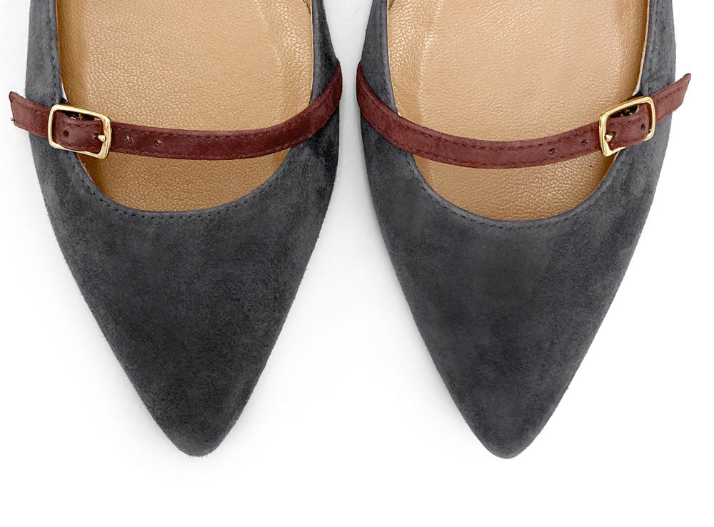Gray suede pointed ballet flats with chestnut straps