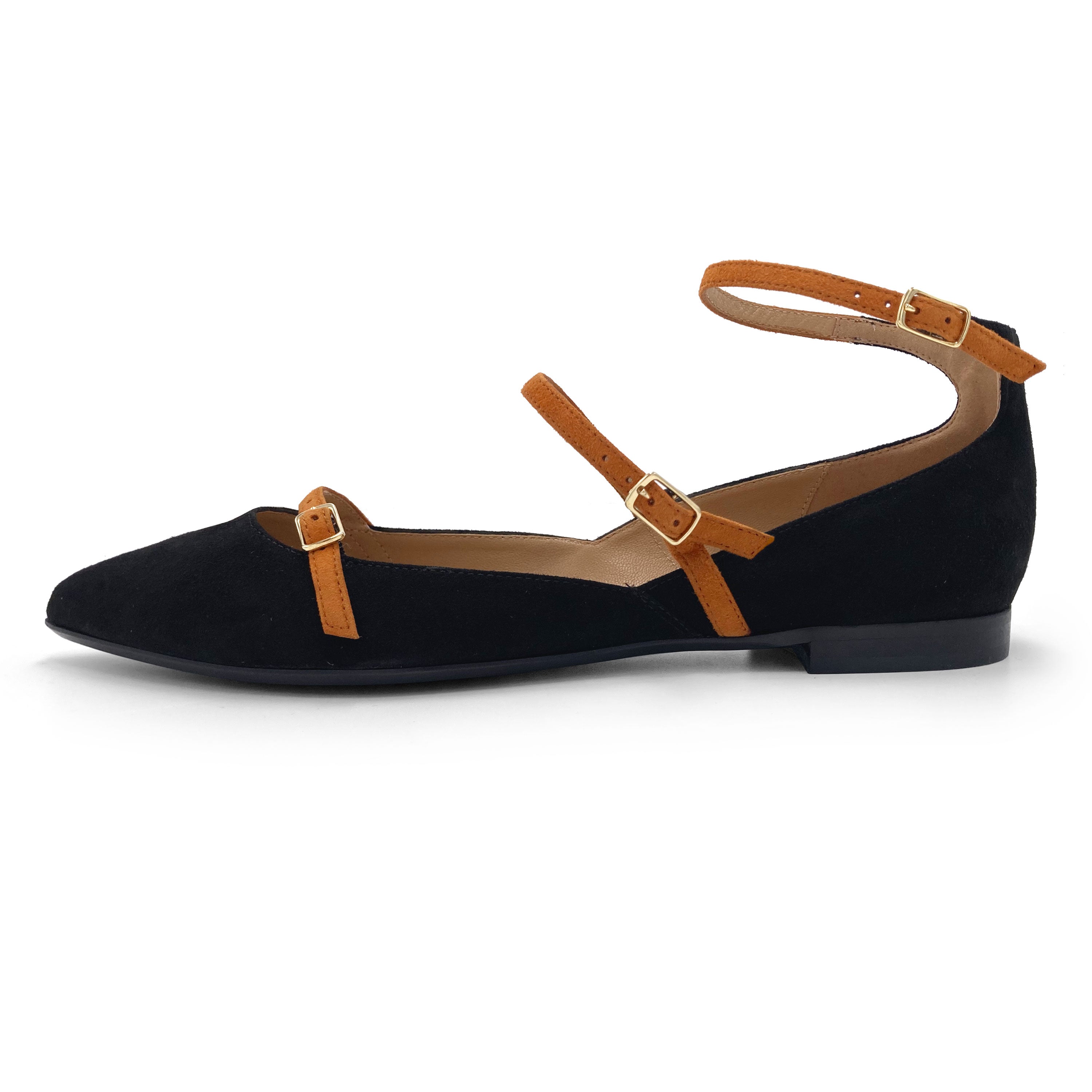 Black suede pointed ballet flats with biscuit-colored straps
