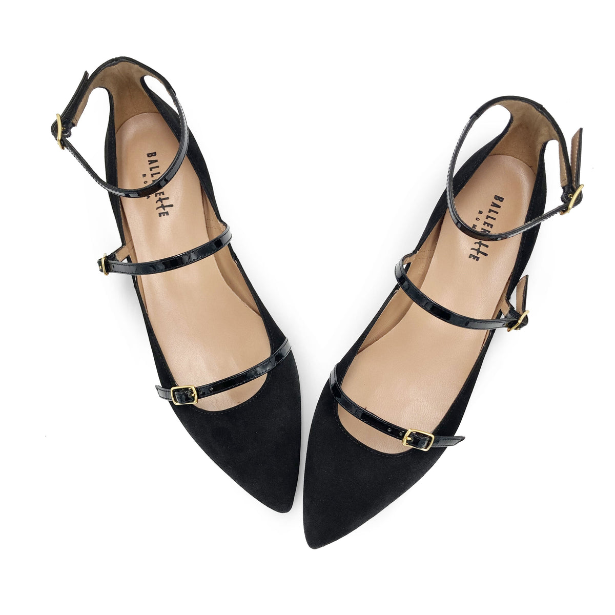 Black suede pointed-toe ballet flats with black straps