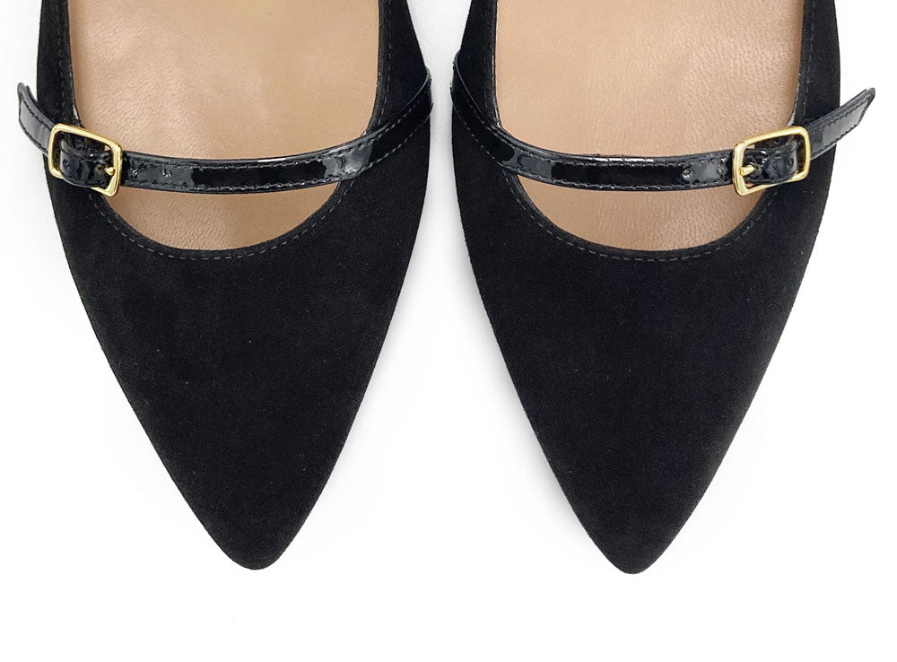 Black suede pointed-toe ballet flats with black straps