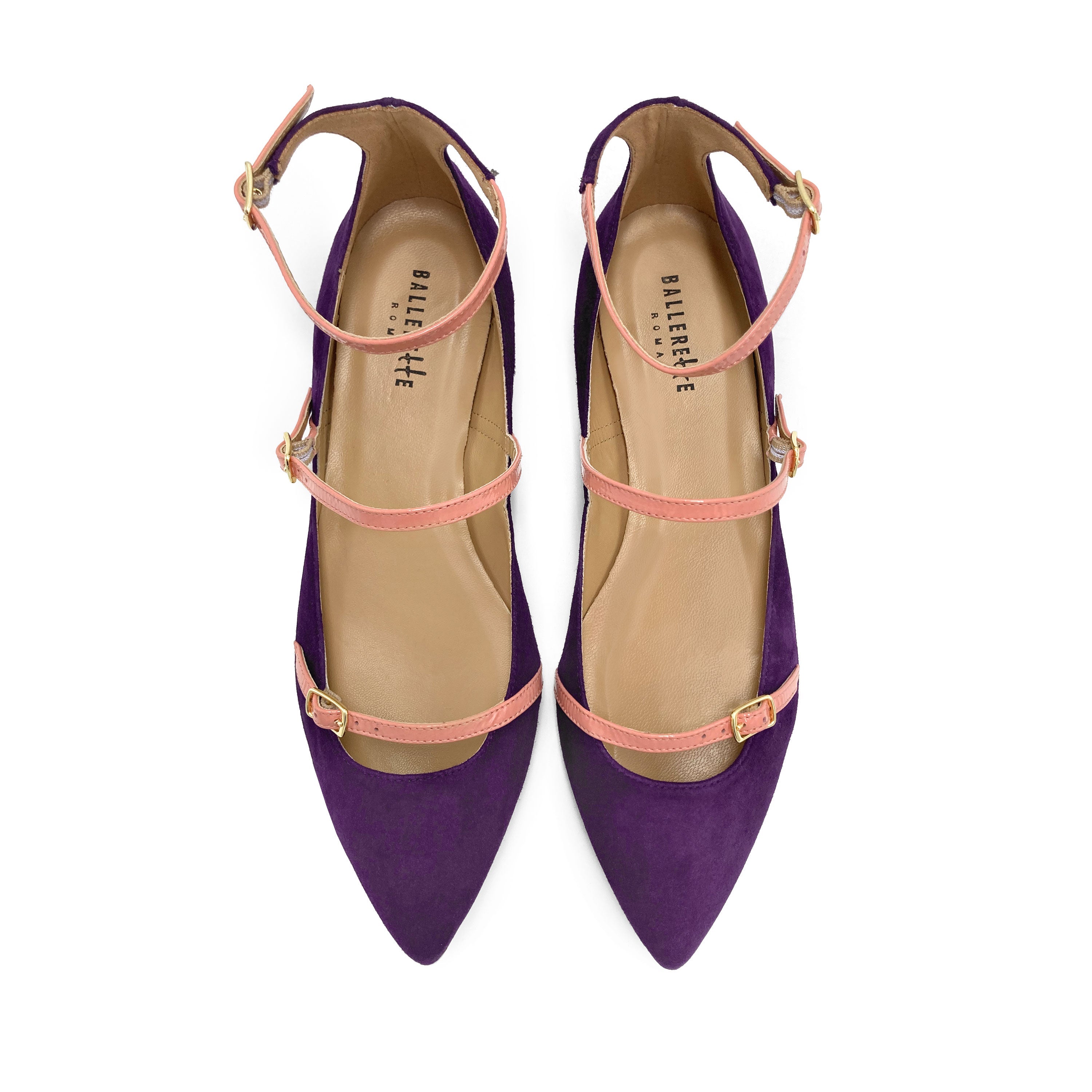 Purple suede pointed ballet flats with pink straps
