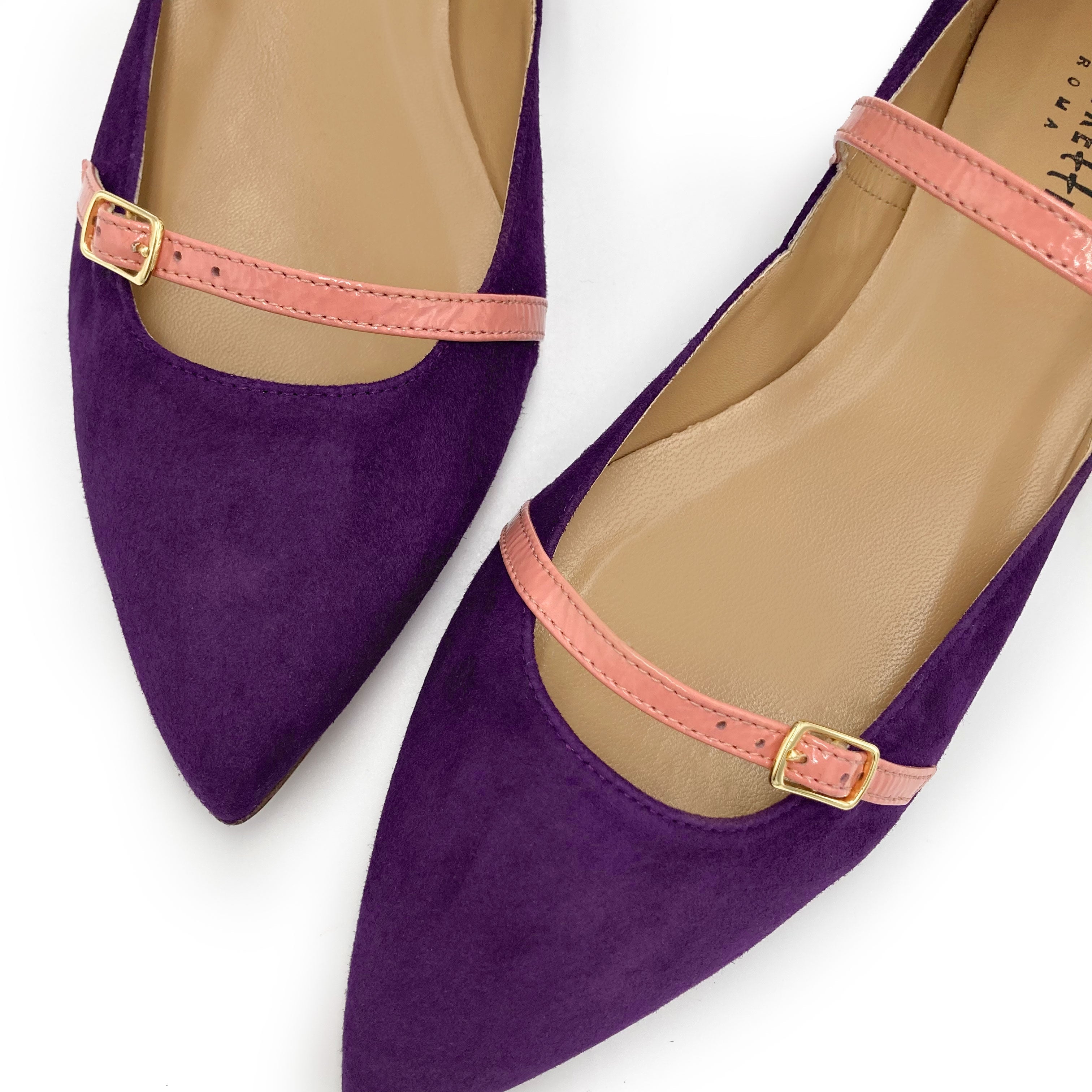 Purple suede pointed ballet flats with pink straps