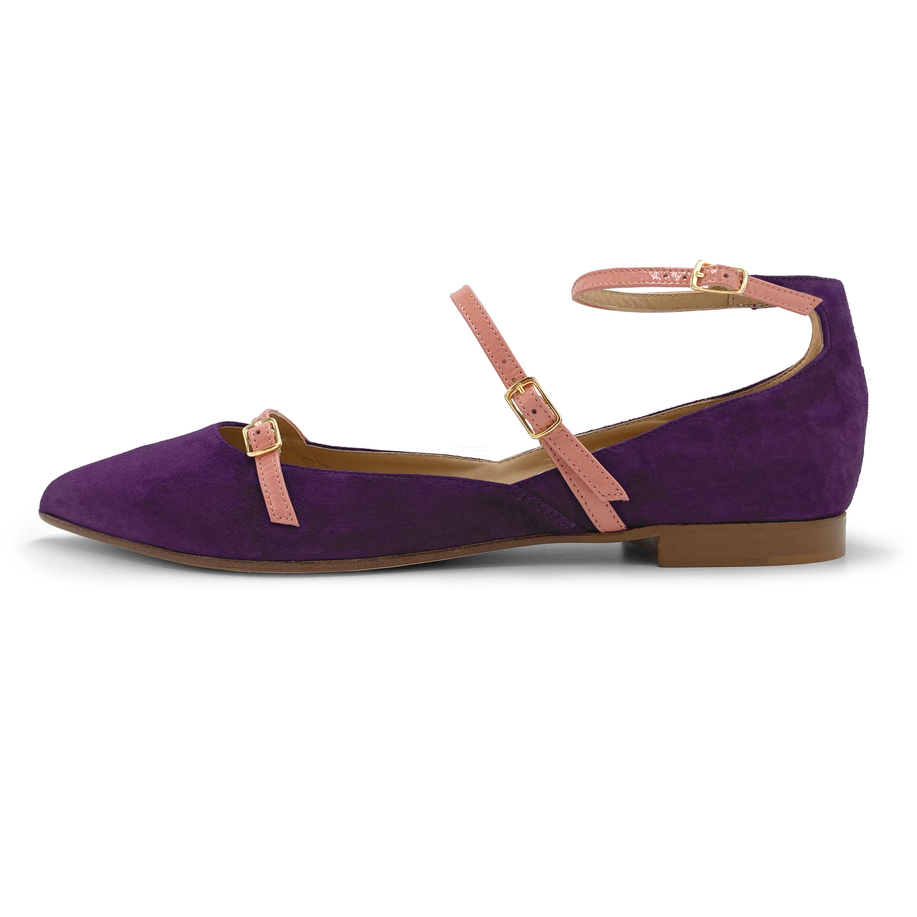 Purple suede pointed ballet flats with pink straps