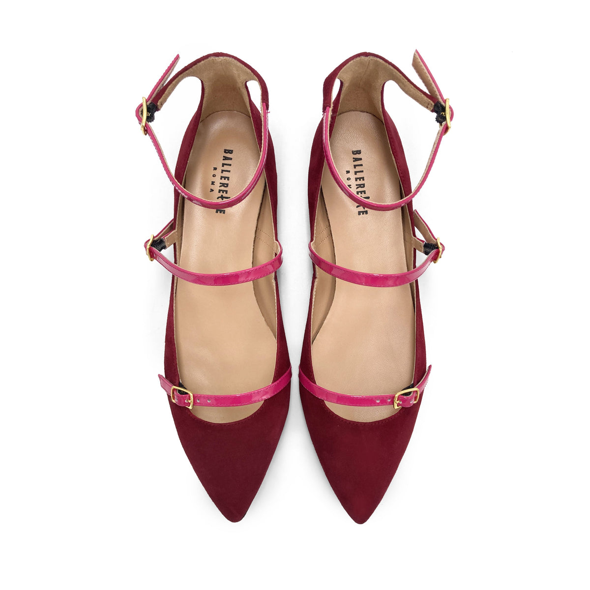 Bordeaux suede pointed-toe ballet flats with fuchsia straps