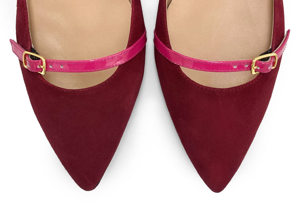 Bordeaux suede pointed-toe ballet flats with fuchsia straps