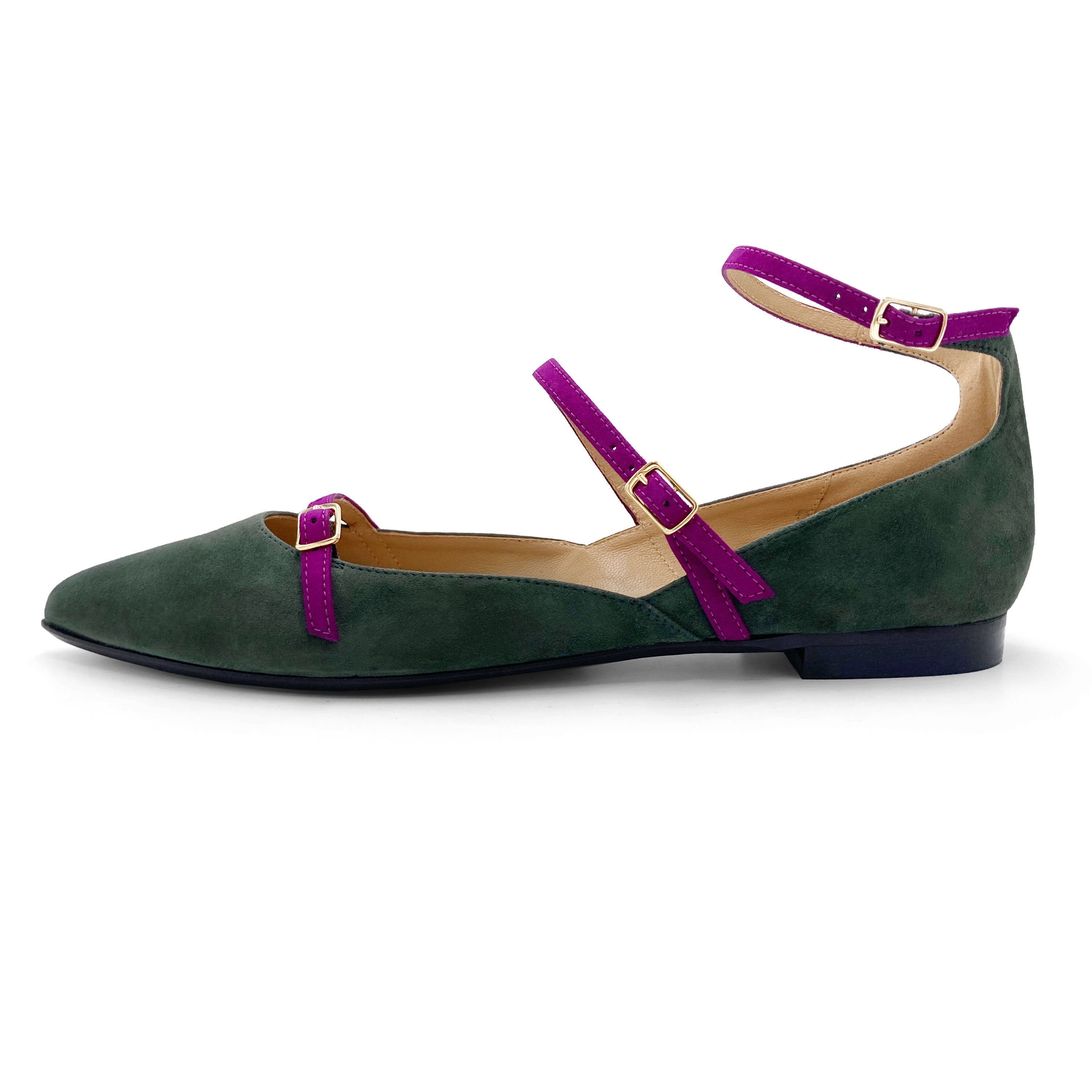 Green suede pointed ballet flats with peony straps