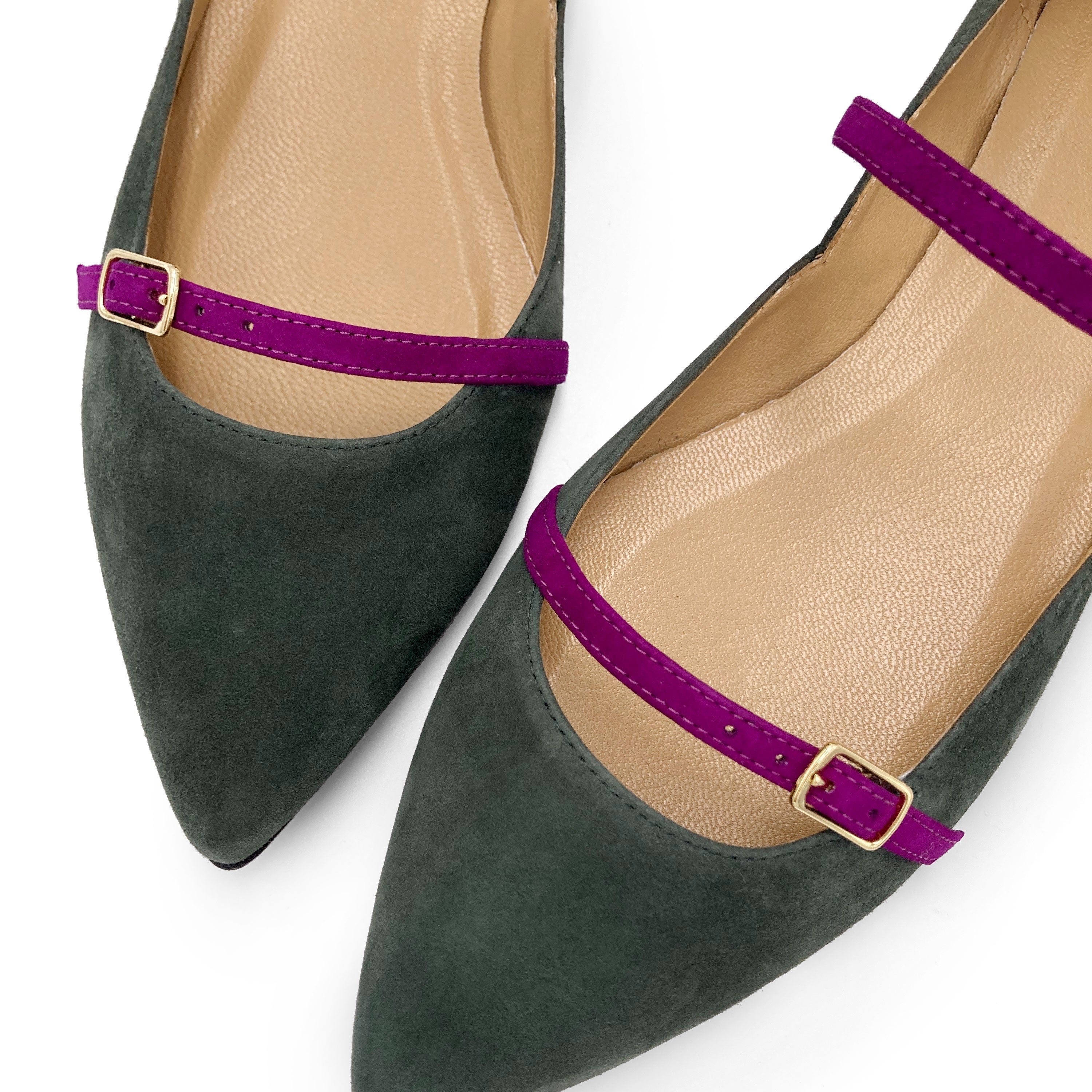 Green suede pointed ballet flats with peony straps