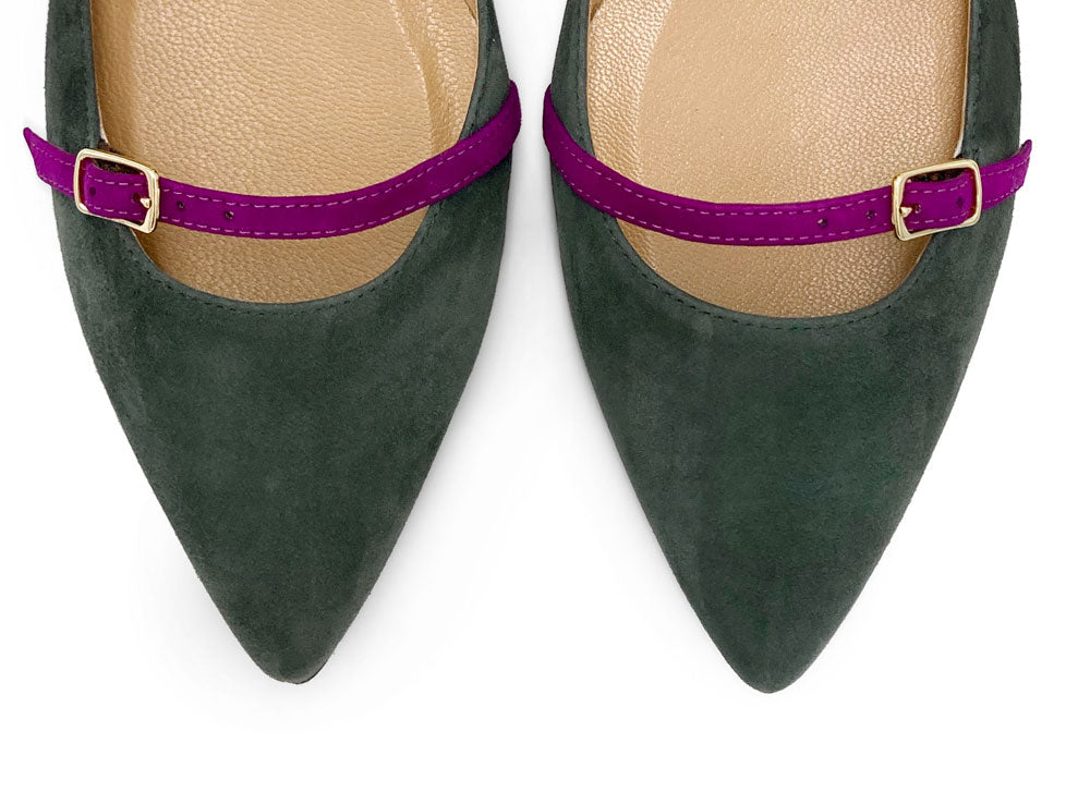 Green suede pointed ballet flats with peony straps