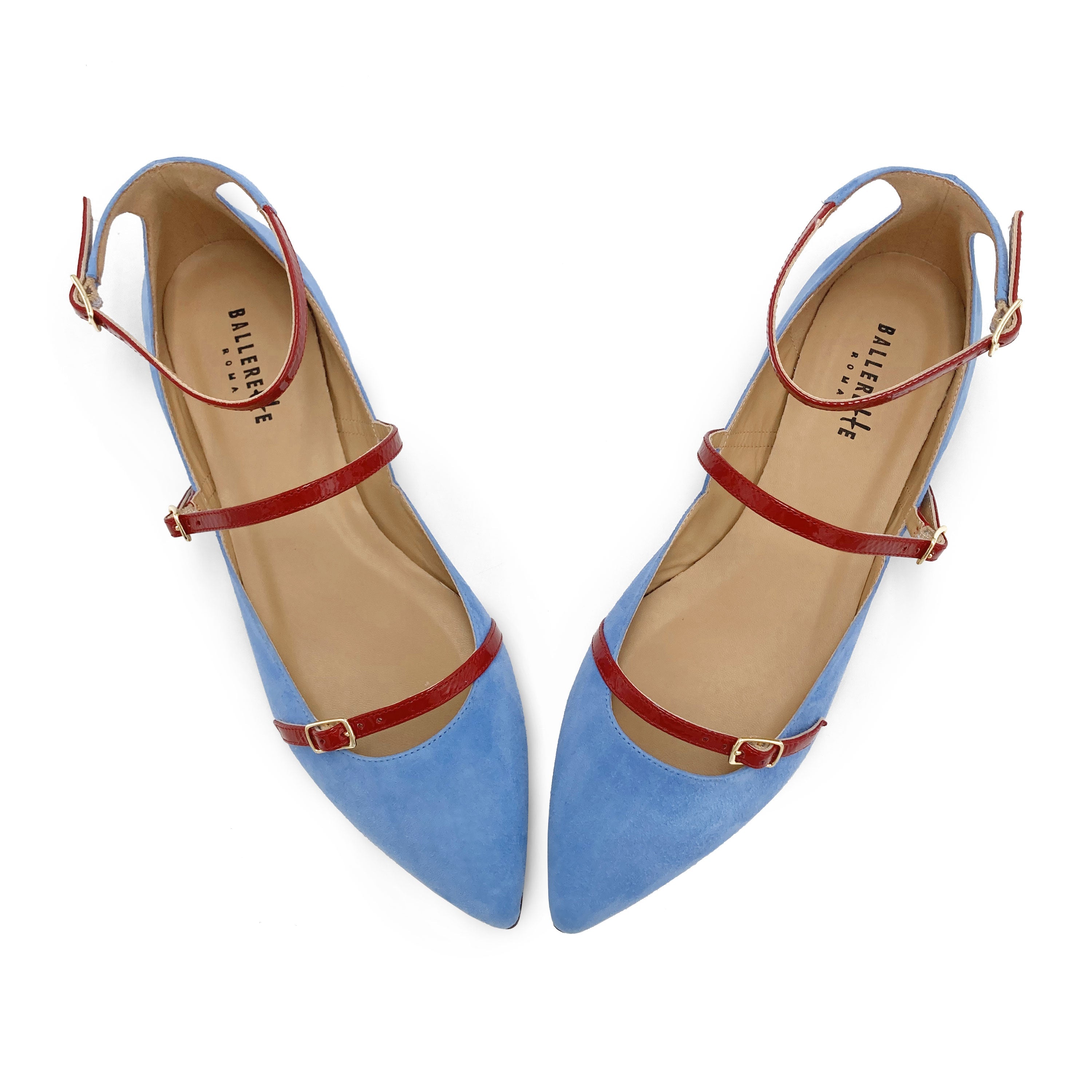 Denim blue suede pointed ballet flats with red straps