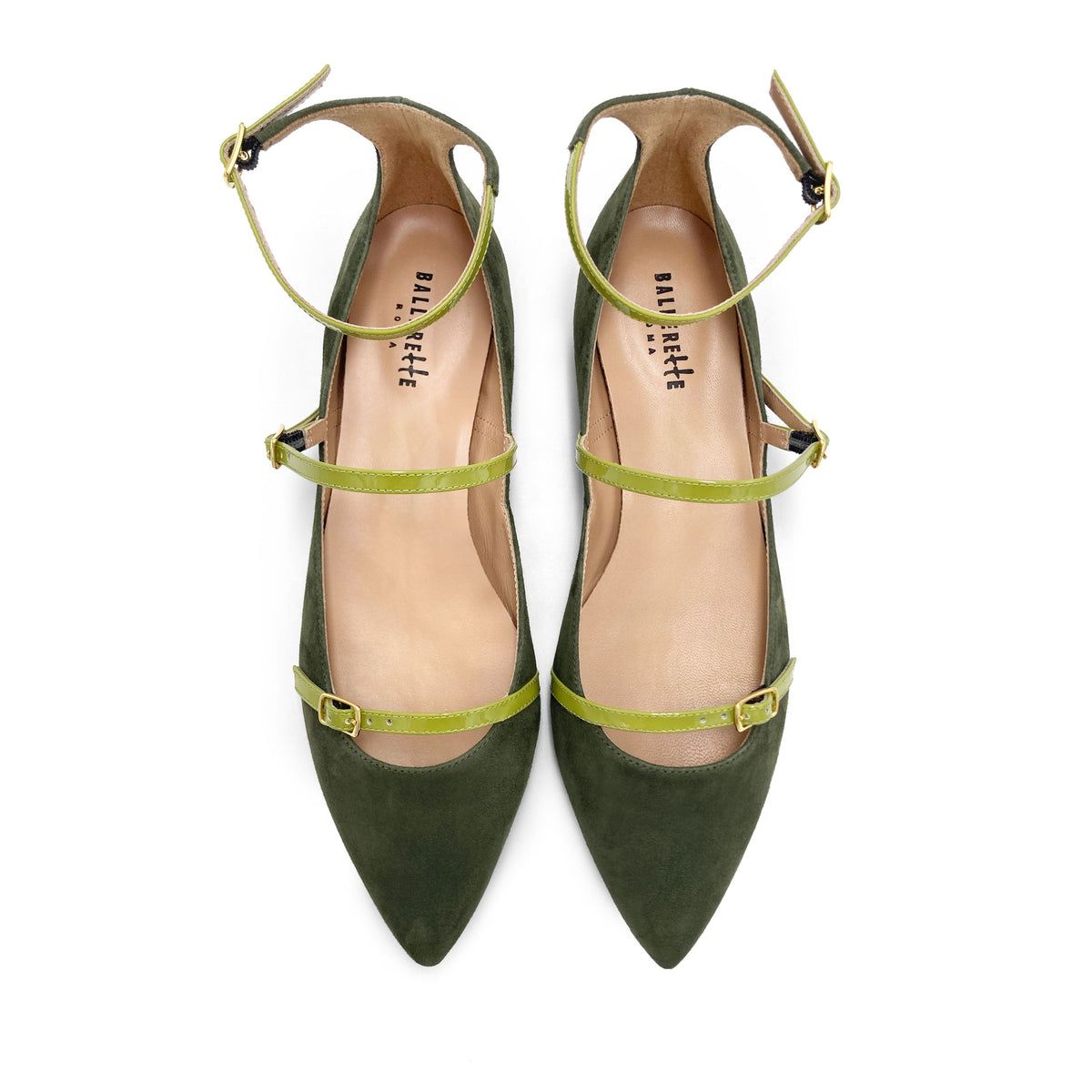 Olive green suede pointed-toe ballet flats with lime green straps