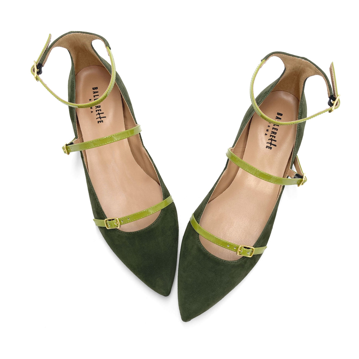 Olive green suede pointed-toe ballet flats with lime green straps