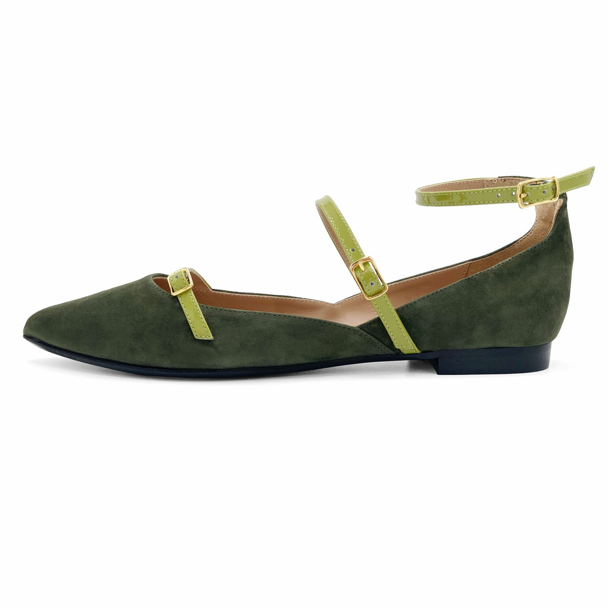 Olive green suede pointed-toe ballet flats with lime green straps