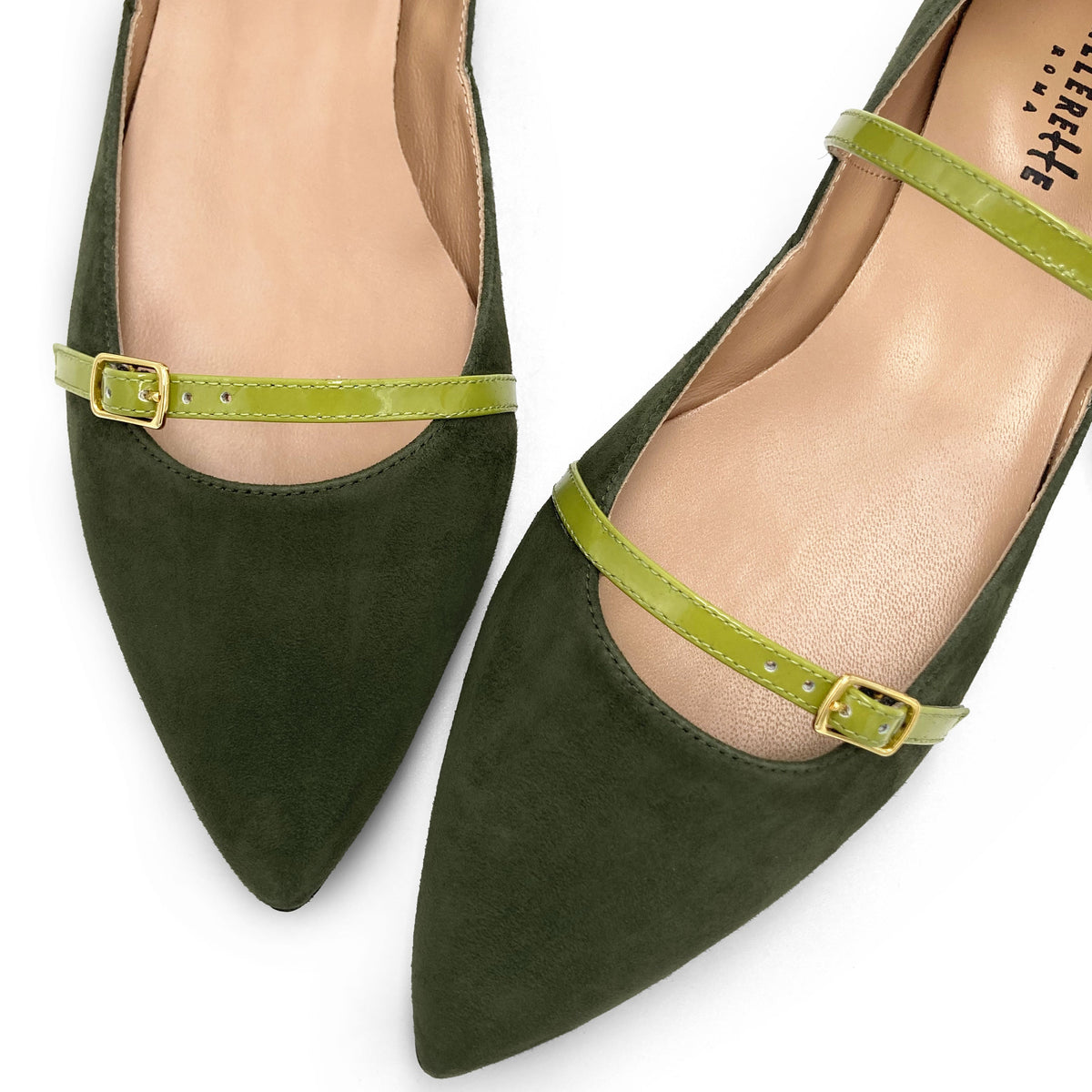 Olive green suede pointed-toe ballet flats with lime green straps