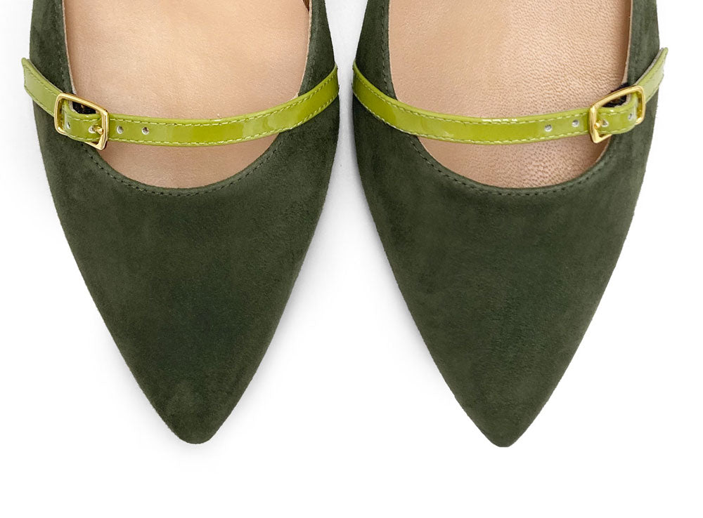 Olive green suede pointed-toe ballet flats with lime green straps