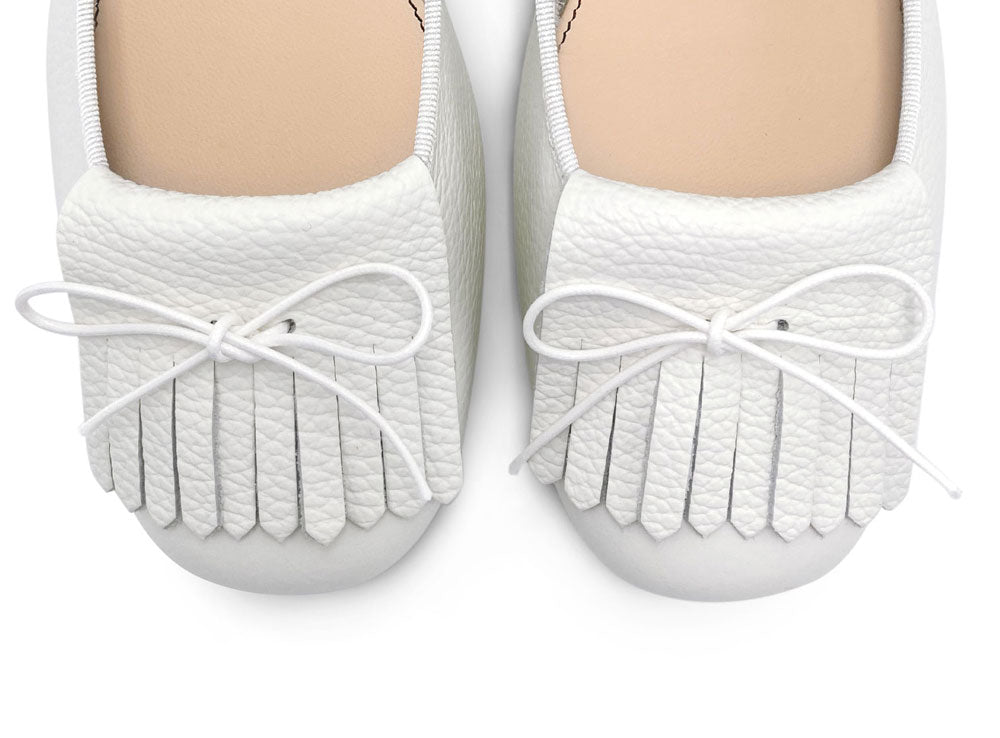 White leather moccasins with fringe
