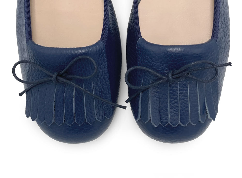 Blue leather moccasins with fringe