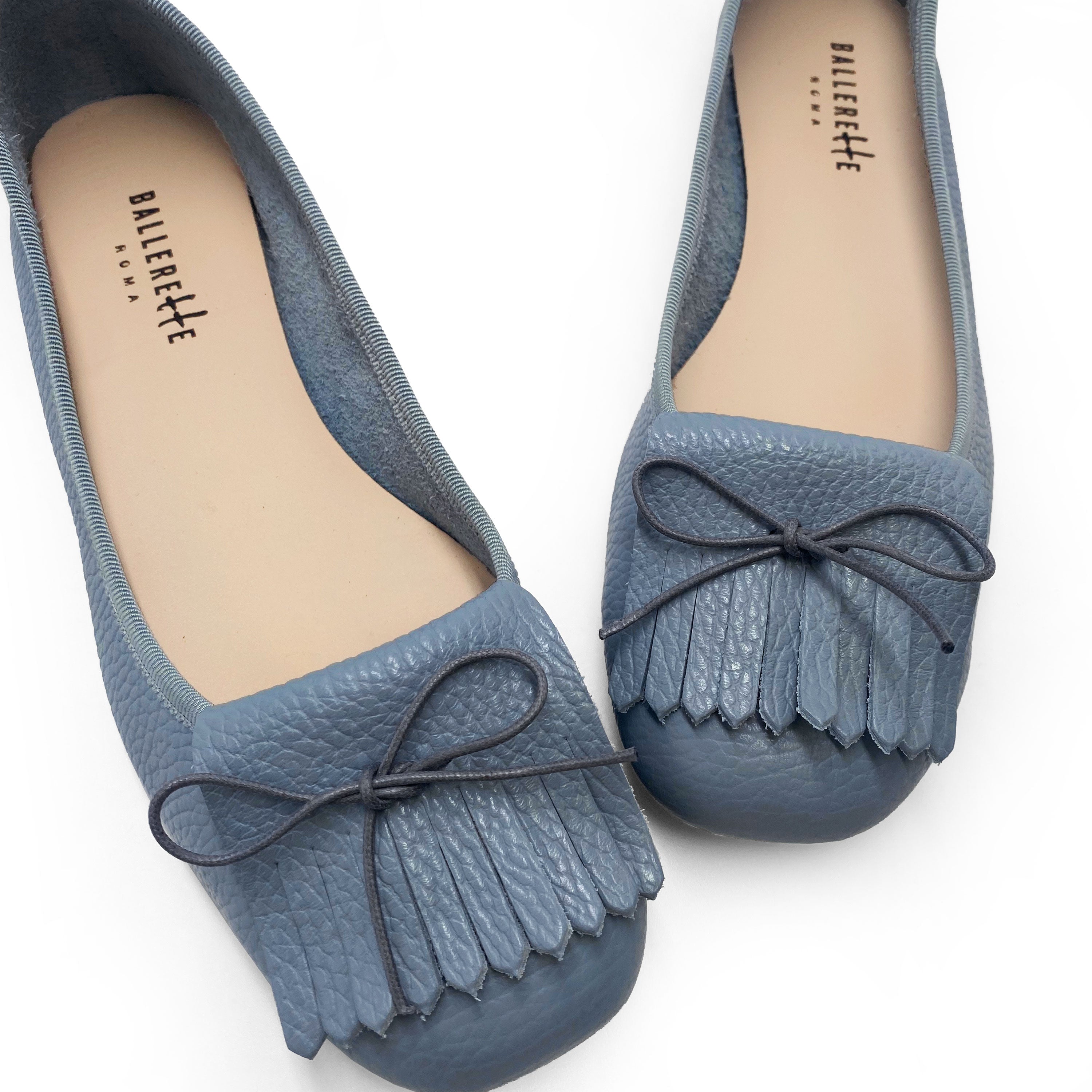 Light Blue Leather Moccasins with Fringes