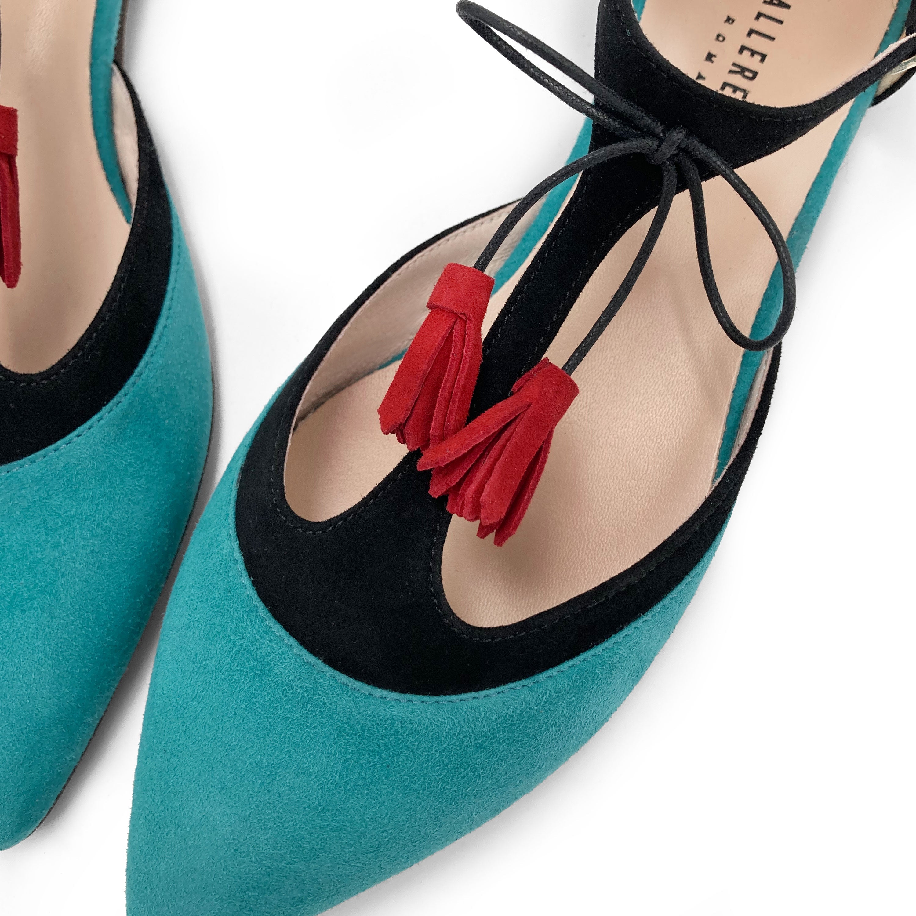 T-bar ballet flats in aqua and black suede