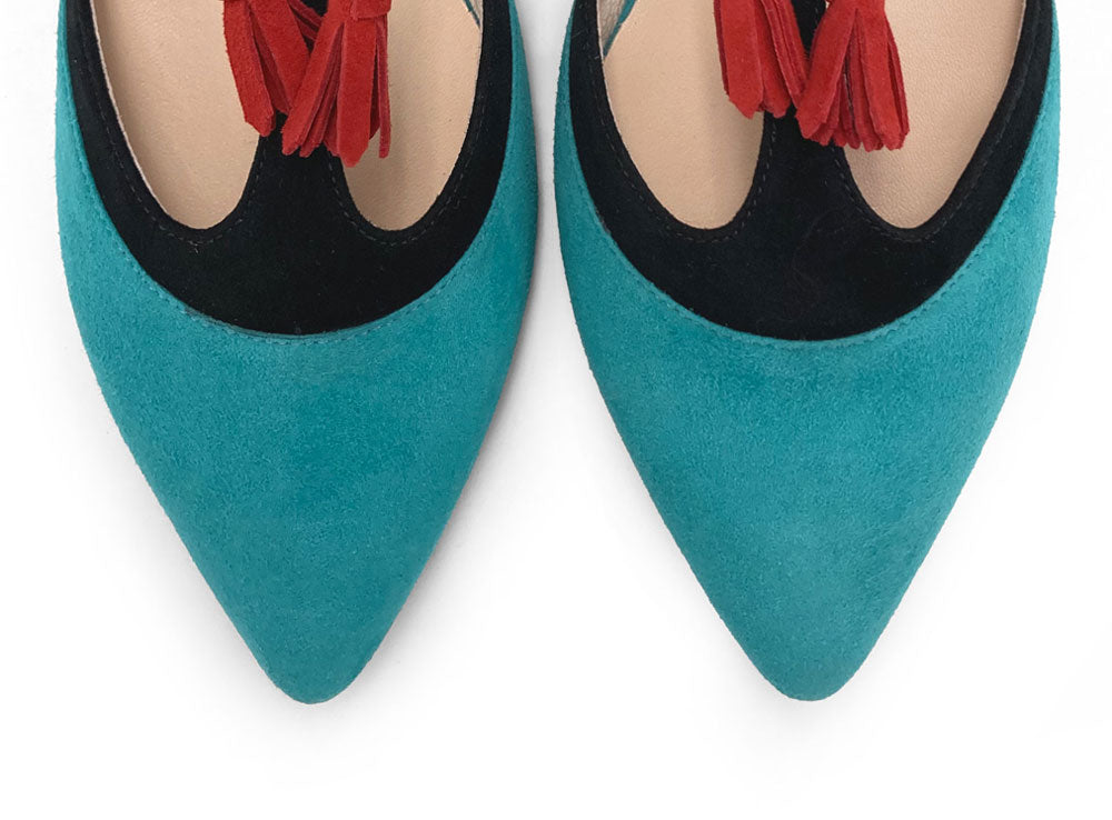 T-bar ballet flats in aqua and black suede