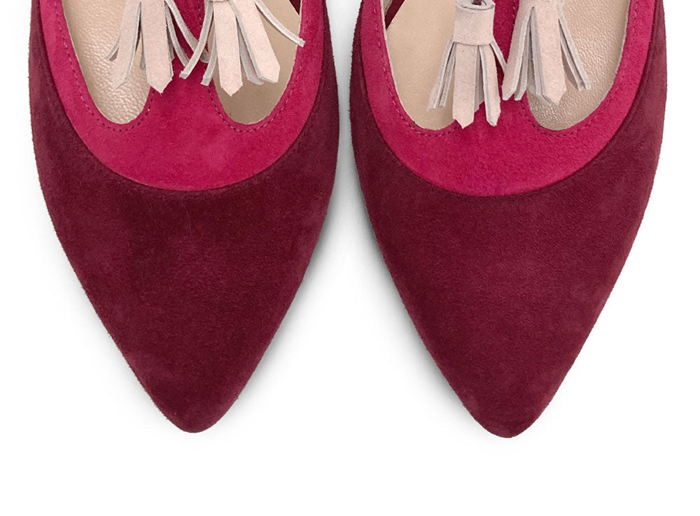 T-bar ballet flats in bordeaux and fuchsia suede