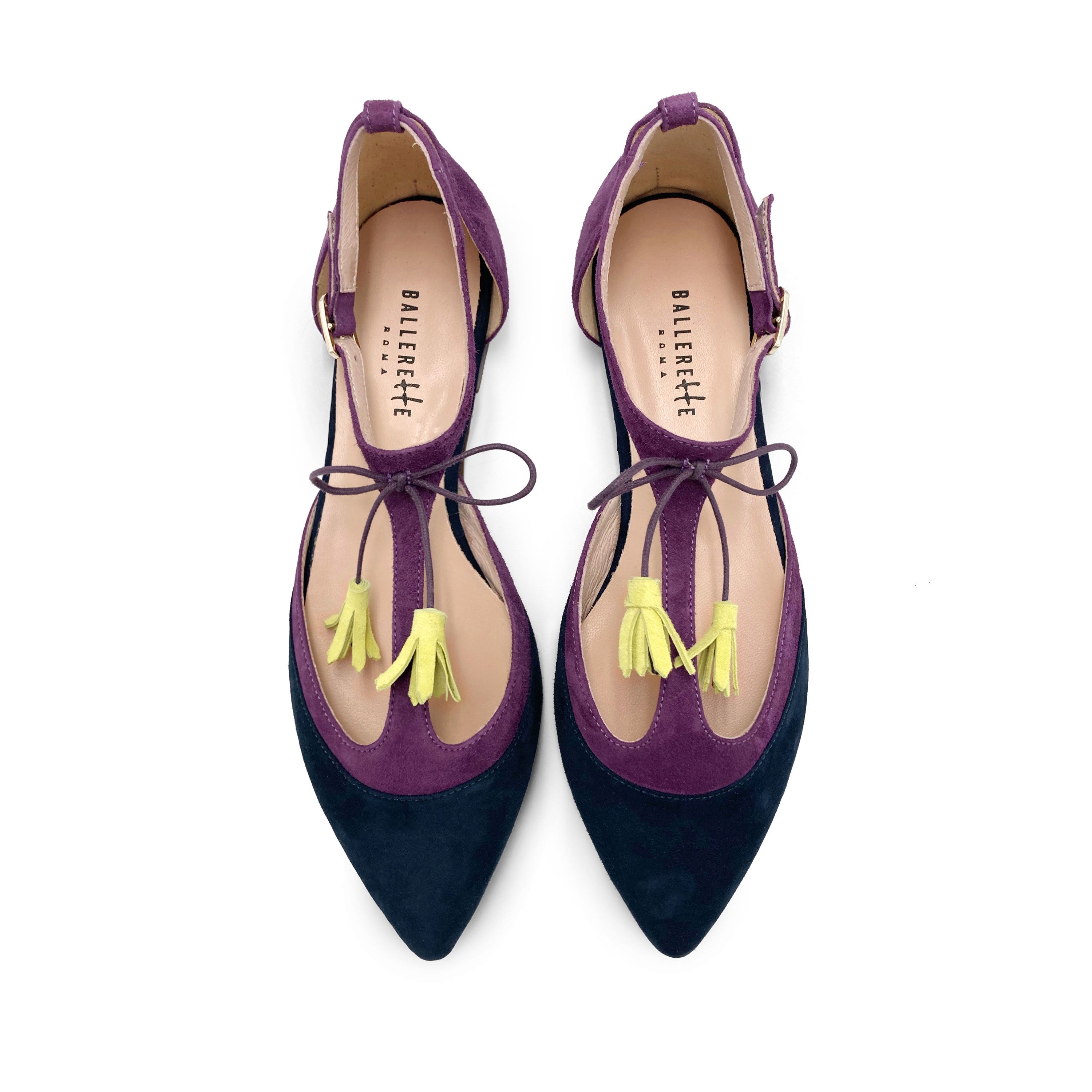 T-bar ballet flats in blue and purple suede